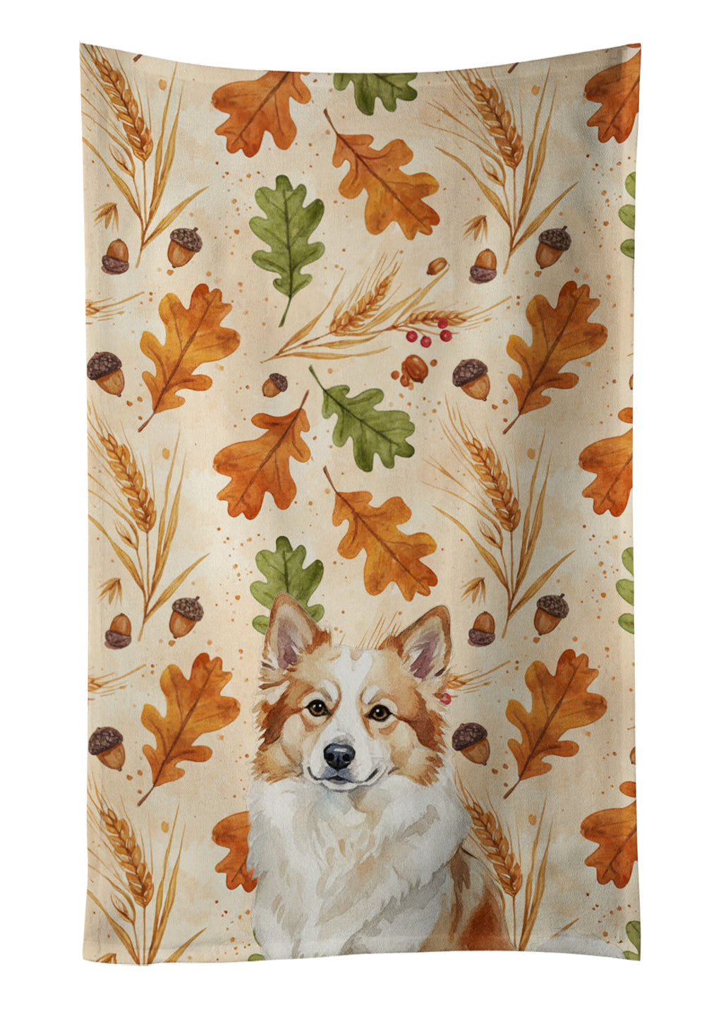 Tan Icelandic Sheepdog Heirloom Fall Kitchen Towel Velour Plush Front and Cotton Loop Back Machine Washable