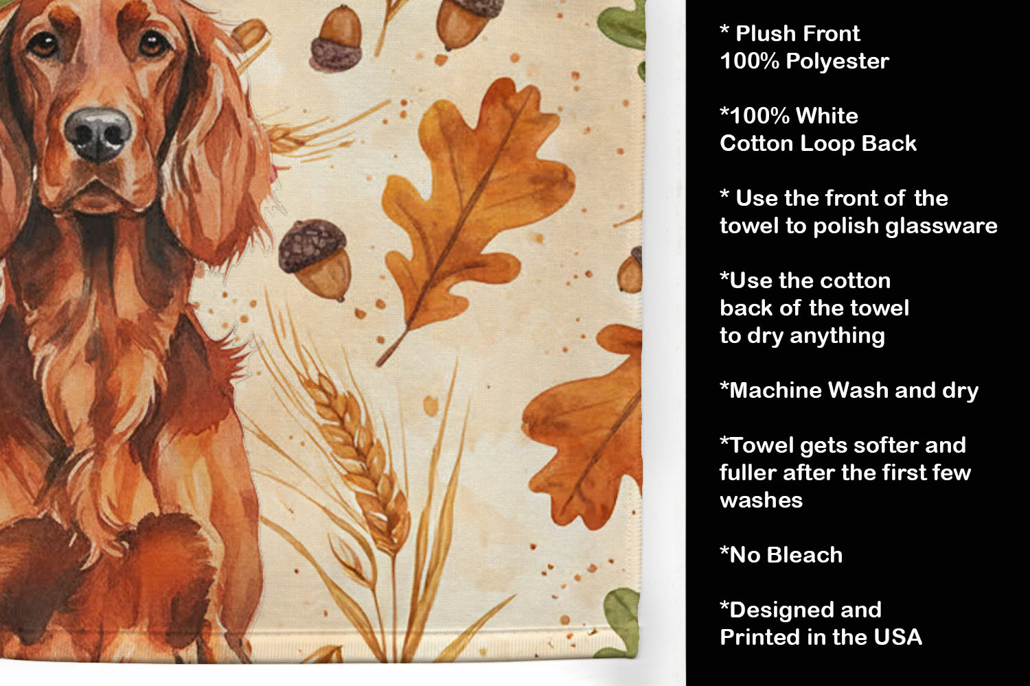 Irish Setter Heirloom Fall Kitchen Towel Velour Plush Front and Cotton Loop Back Machine Washable