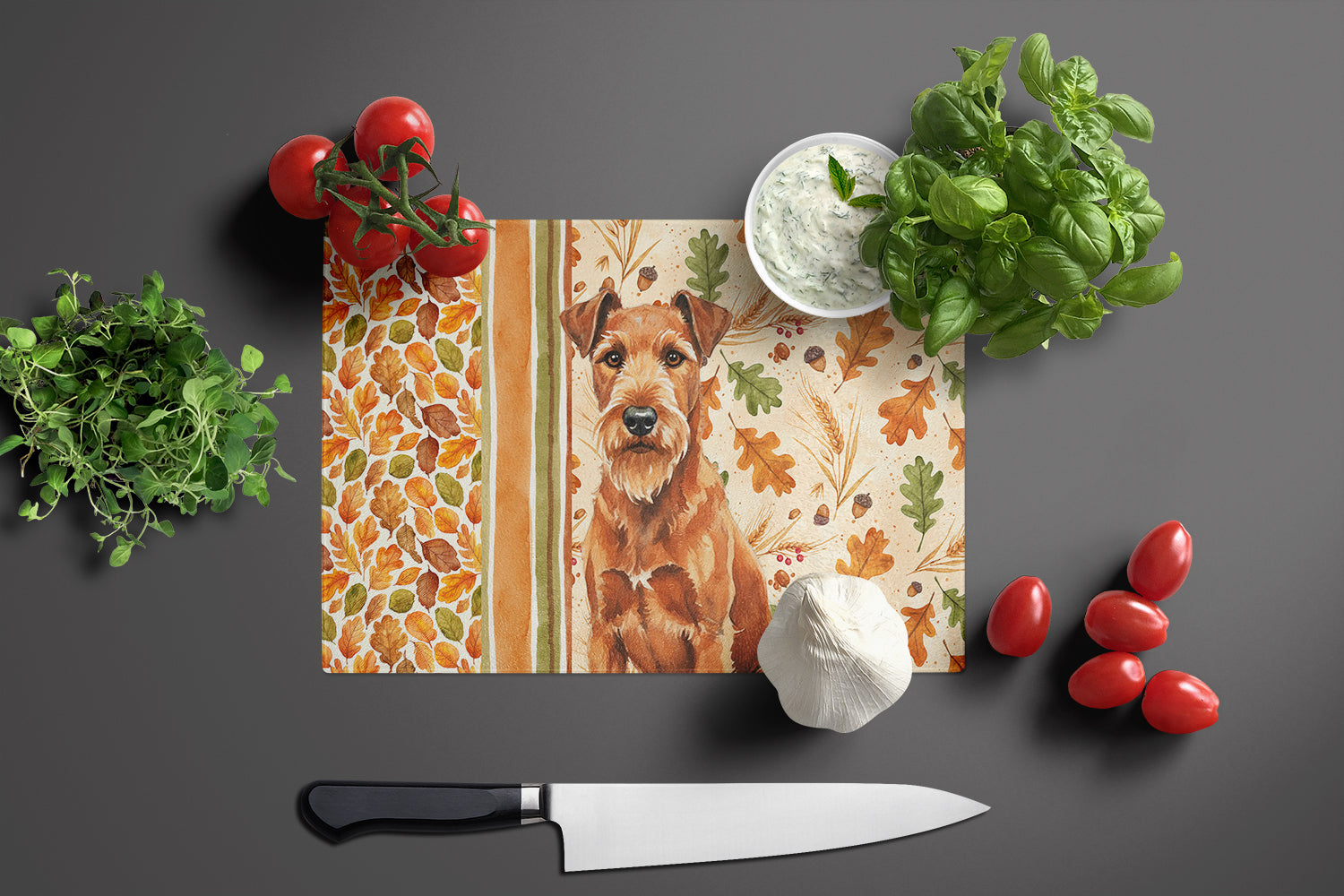 Irish Terrier Heirloom Fall Cutting Board Tempered Glass Kitchen Cutting Surface, Heat Resistant Chopping, Non-Slip Feet, Food Prep & Serving