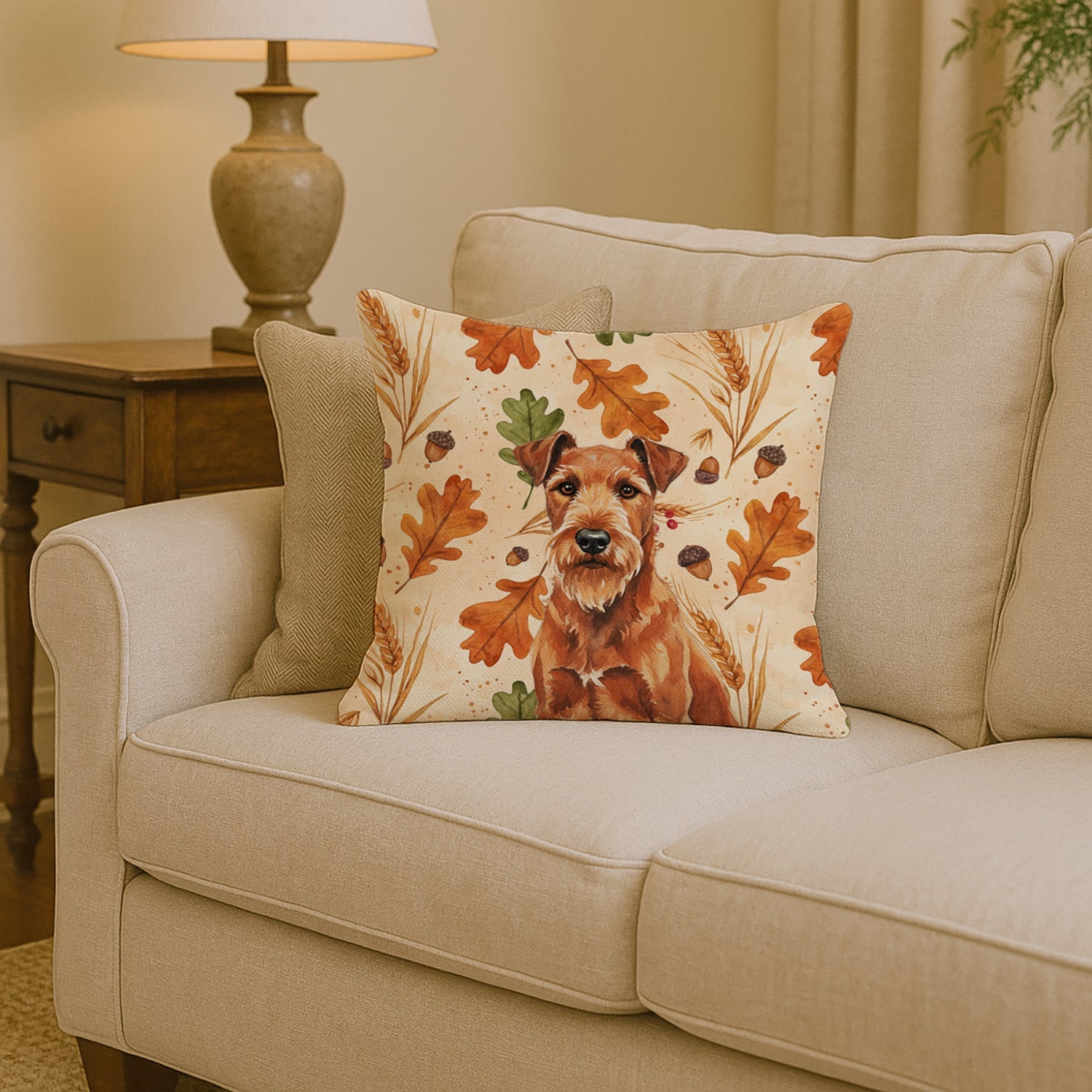 Irish Terrier Heirloom Fall Decorative Throw Pillow 14x14 Indoor Outdoor Accent Cushion, Fabric Cover with Insert for Sofa, Bed, Porch & Living Room