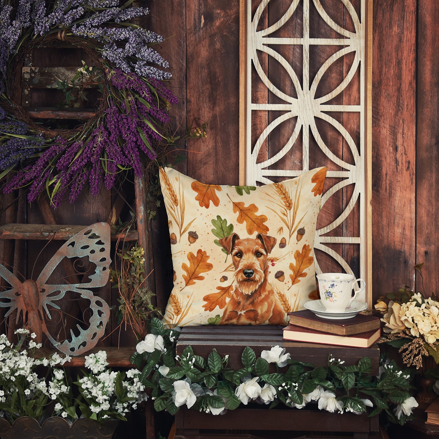 Irish Terrier Heirloom Fall Decorative Throw Pillow 14x14 Indoor Outdoor Accent Cushion, Fabric Cover with Insert for Sofa, Bed, Porch & Living Room