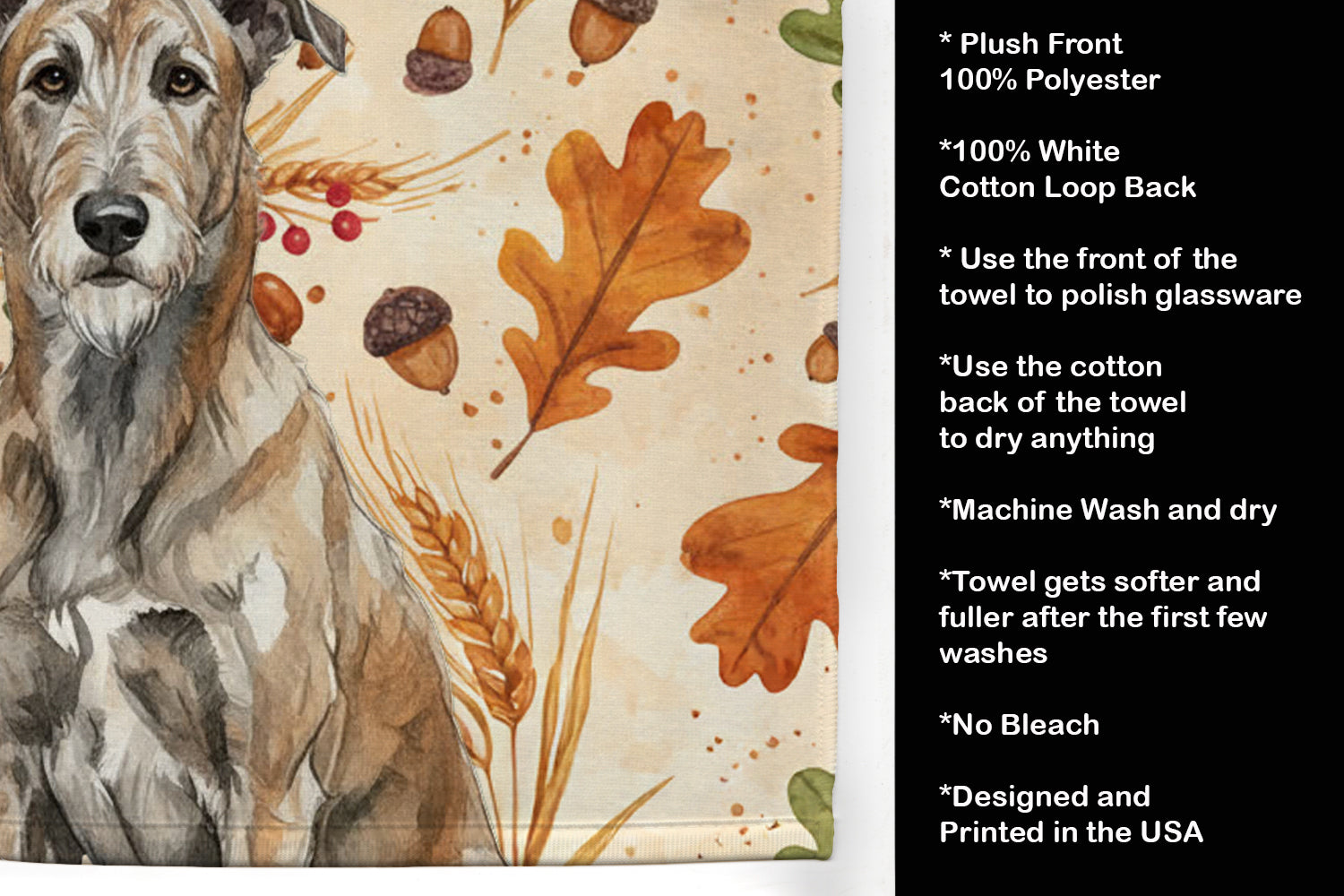 Brindle Irish Wolfhound Heirloom Fall Kitchen Towel Velour Plush Front and Cotton Loop Back Machine Washable