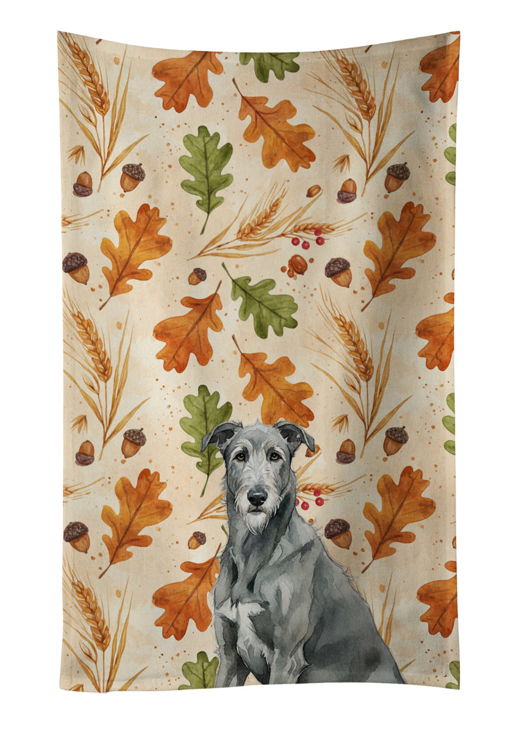 Gray Irish Wolfhound Heirloom Fall Kitchen Towel Velour Plush Front and Cotton Loop Back Machine Washable