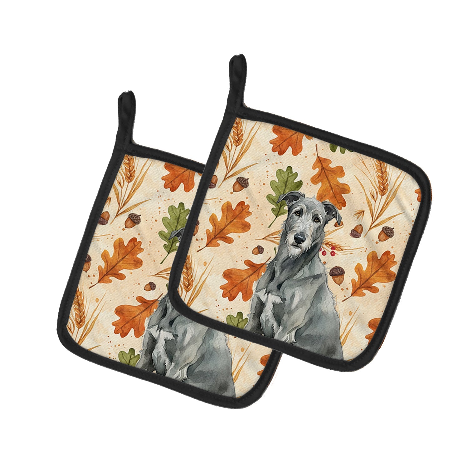 Gray Irish Wolfhound Heirloom Fall Pot Holder Set of 2 Heat Resistant Quilted Hot Pads 7.5 x 7.5 Inch, Insulated Kitchen Trivets for Cooking & Baking