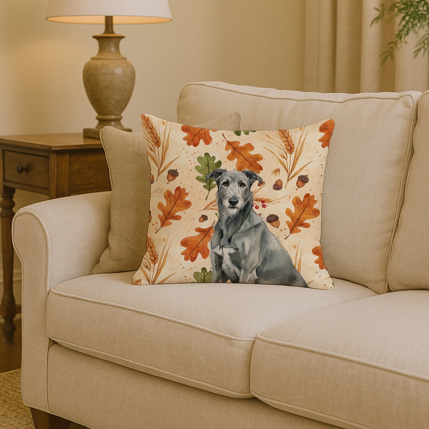 Gray Irish Wolfhound Heirloom Fall Decorative Throw Pillow 14x14 Indoor Outdoor Accent Cushion, Fabric Cover with Insert for Sofa, Bed, Porch & Living Room