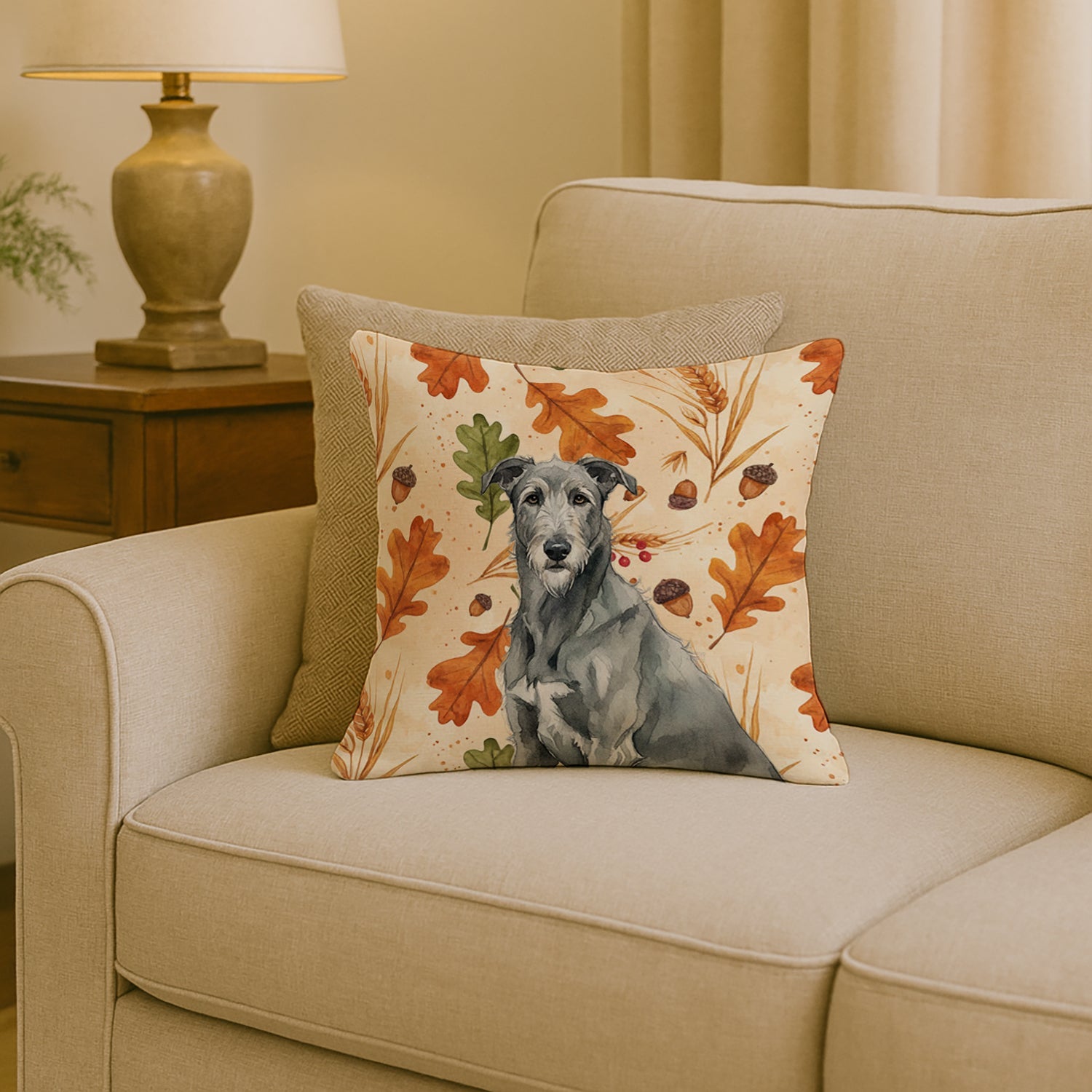 Gray Irish Wolfhound Heirloom Fall Decorative Throw Pillow 18x18 Indoor Outdoor Accent Cushion, Fabric Cover with Insert for Sofa, Bed, Porch & Living Room