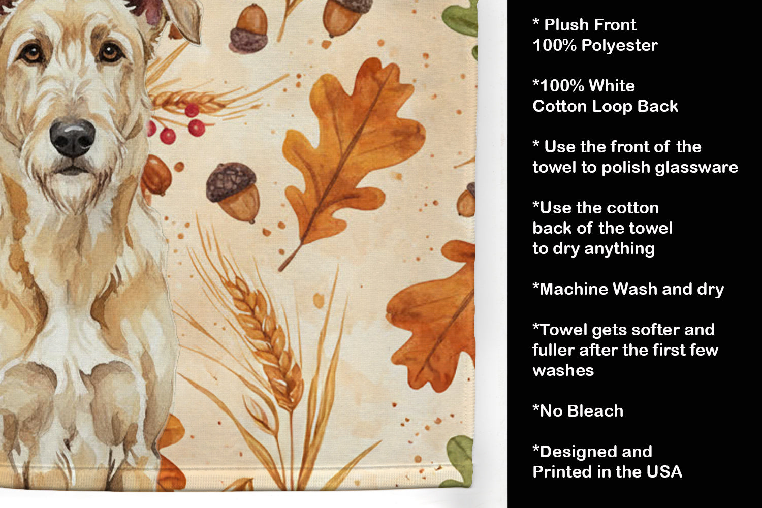 Wheaten Irish Wolfhound Heirloom Fall Kitchen Towel Velour Plush Front and Cotton Loop Back Machine Washable
