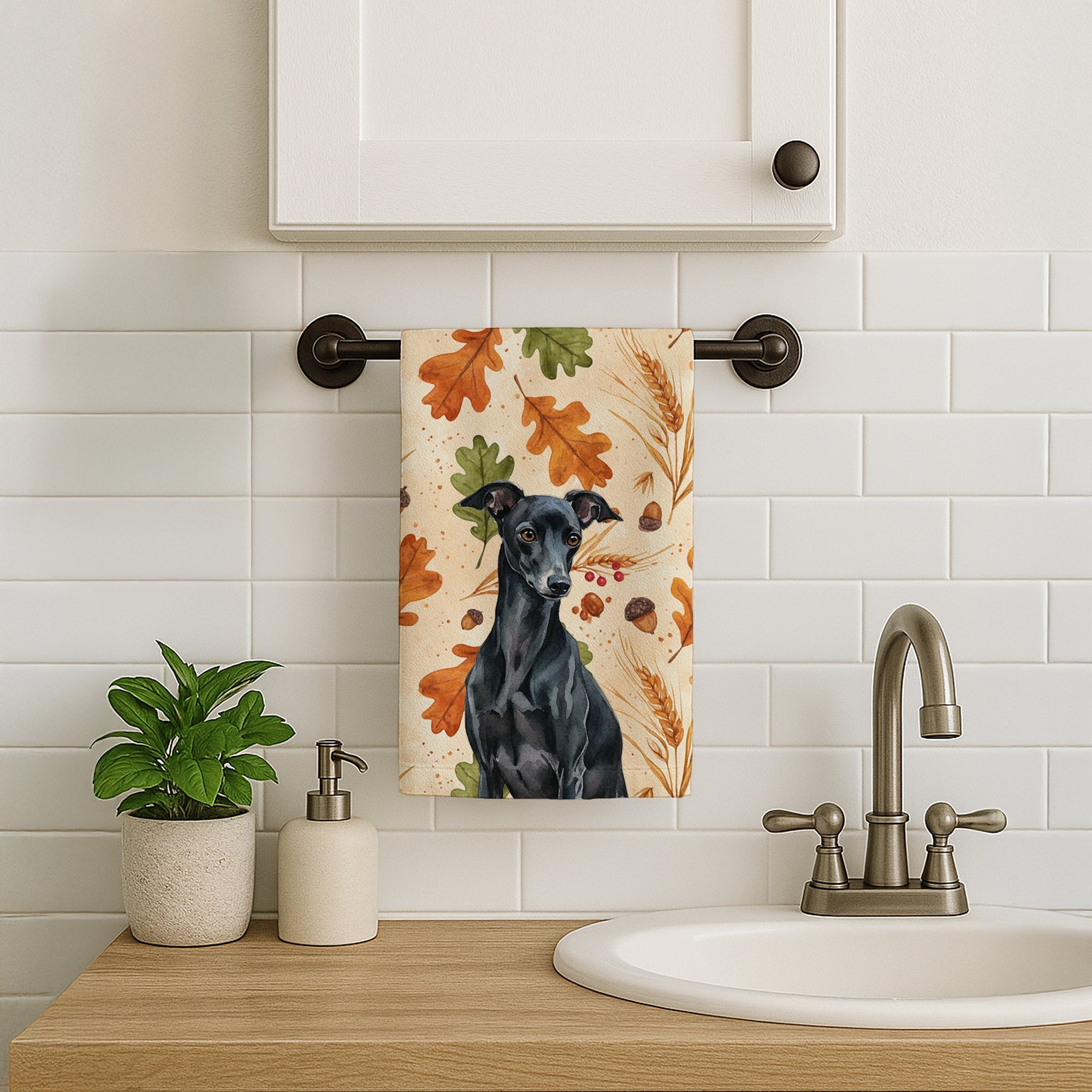 Black Italian Greyhound Heirloom Fall Kitchen Towel Velour Plush Front and Cotton Loop Back Machine Washable