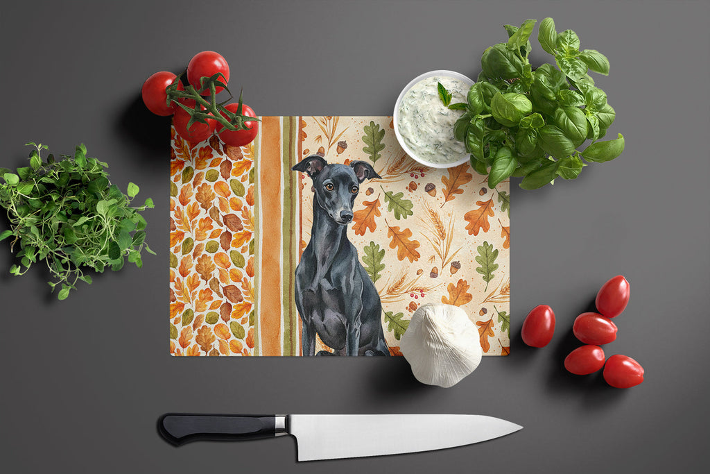 Black Italian Greyhound Heirloom Fall Cutting Board Tempered Glass Kitchen Cutting Surface, Heat Resistant Chopping, Non-Slip Feet, Food Prep & Serving