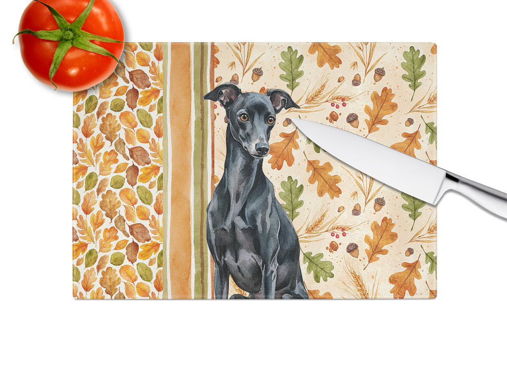 Black Italian Greyhound Heirloom Fall Cutting Board Tempered Glass Kitchen Cutting Surface, Heat Resistant Chopping, Non-Slip Feet, Food Prep & Serving