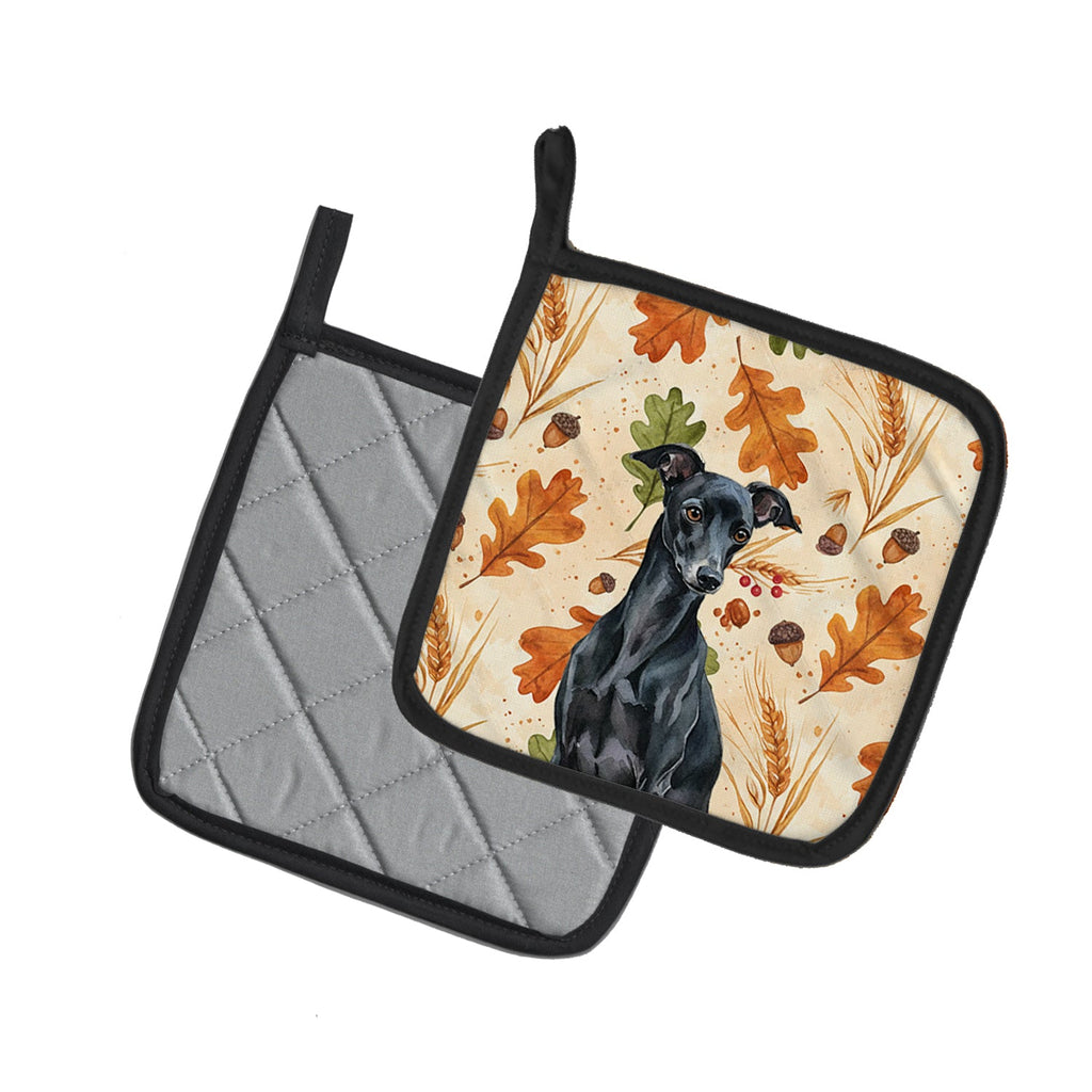 Black Italian Greyhound Heirloom Fall Pot Holder Set of 2 Heat Resistant Quilted Hot Pads 7.5 x 7.5 Inch, Insulated Kitchen Trivets for Cooking & Baking