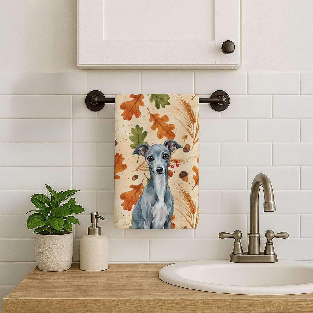 Blue Italian Greyhound Heirloom Fall Kitchen Towel Velour Plush Front and Cotton Loop Back Machine Washable