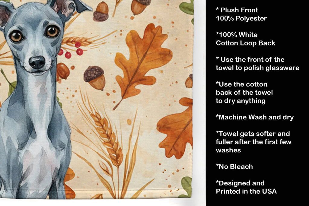 Blue Italian Greyhound Heirloom Fall Kitchen Towel Velour Plush Front and Cotton Loop Back Machine Washable