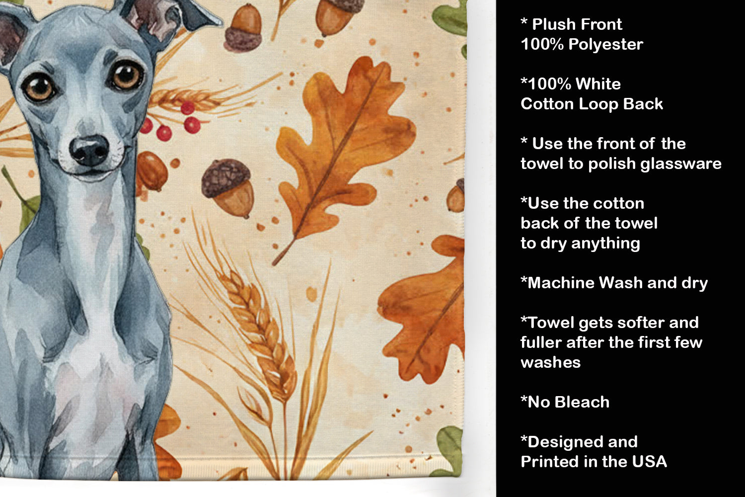 Blue Italian Greyhound Heirloom Fall Kitchen Towel Velour Plush Front and Cotton Loop Back Machine Washable