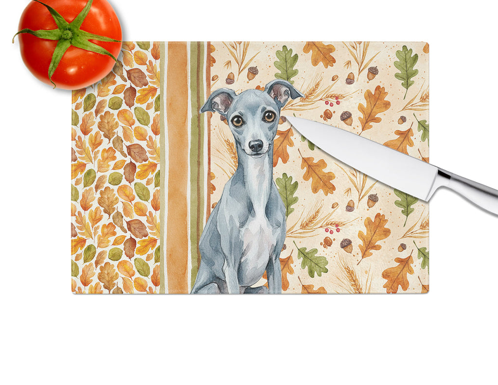 Blue Italian Greyhound Heirloom Fall Cutting Board Tempered Glass Kitchen Cutting Surface, Heat Resistant Chopping, Non-Slip Feet, Food Prep & Serving