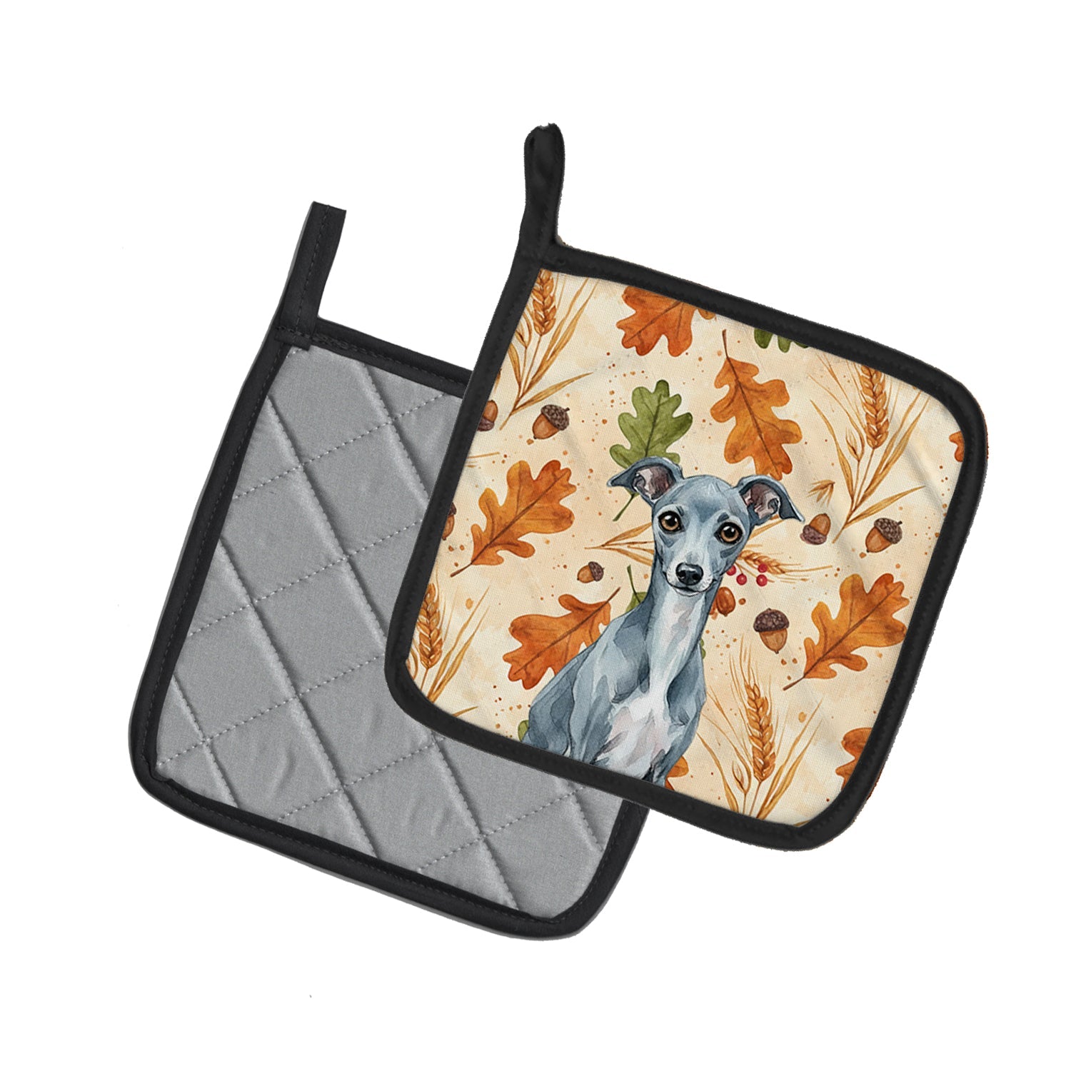 Blue Italian Greyhound Heirloom Fall Pot Holder Set of 2 Heat Resistant Quilted Hot Pads 7.5 x 7.5 Inch, Insulated Kitchen Trivets for Cooking & Baking