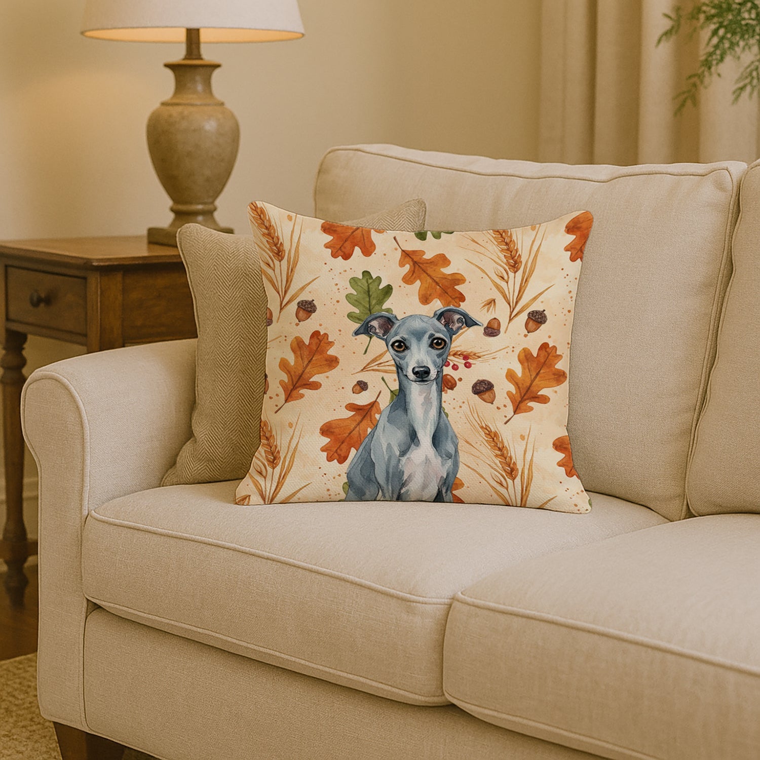 Blue Italian Greyhound Heirloom Fall Decorative Throw Pillow 14x14 Indoor Outdoor Accent Cushion, Fabric Cover with Insert for Sofa, Bed, Porch & Living Room