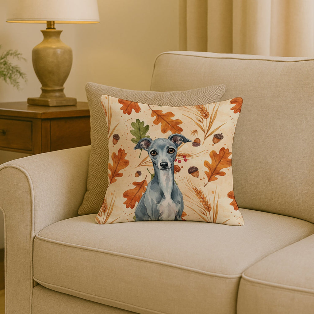 Blue Italian Greyhound Heirloom Fall Decorative Throw Pillow 18x18 Indoor Outdoor Accent Cushion, Fabric Cover with Insert for Sofa, Bed, Porch & Living Room