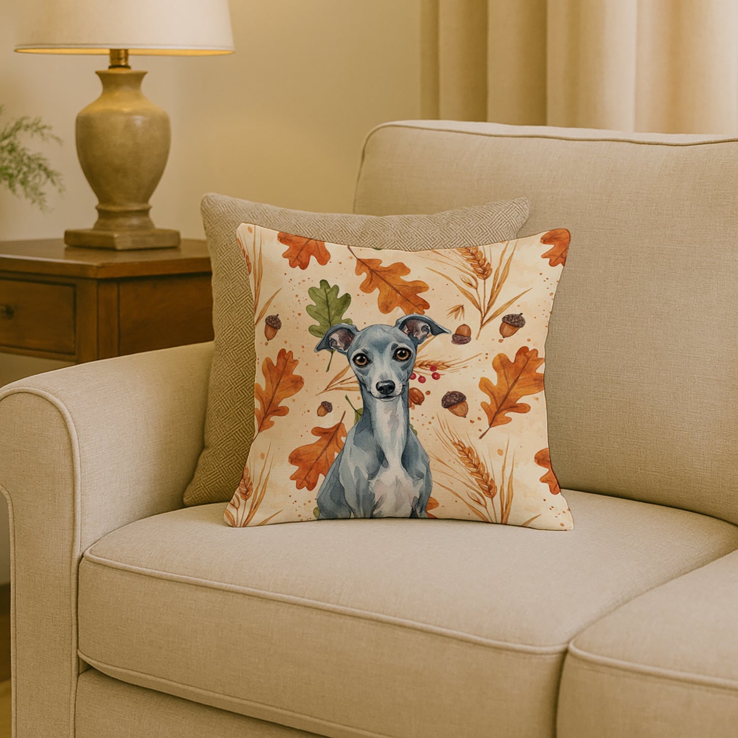 Blue Italian Greyhound Heirloom Fall Decorative Throw Pillow 18x18 Indoor Outdoor Accent Cushion, Fabric Cover with Insert for Sofa, Bed, Porch & Living Room