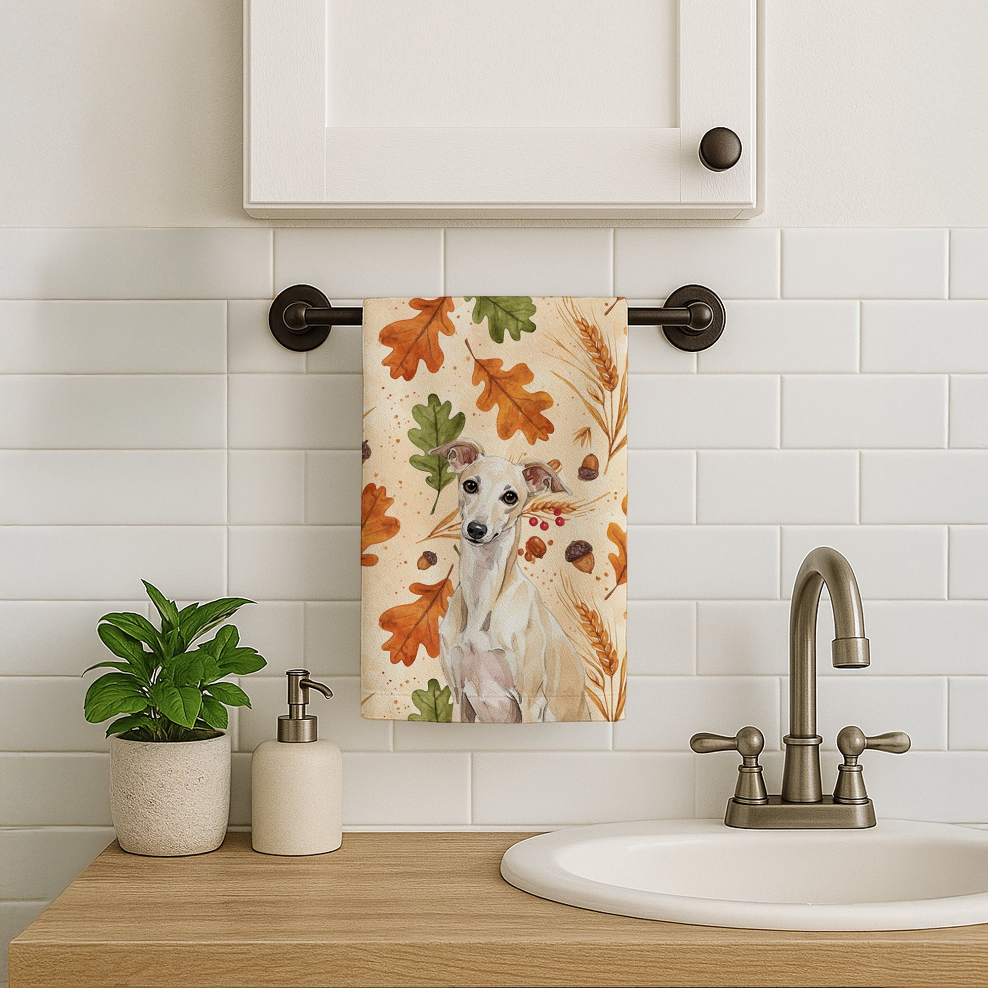 Cream Italian Greyhound Heirloom Fall Kitchen Towel Velour Plush Front and Cotton Loop Back Machine Washable
