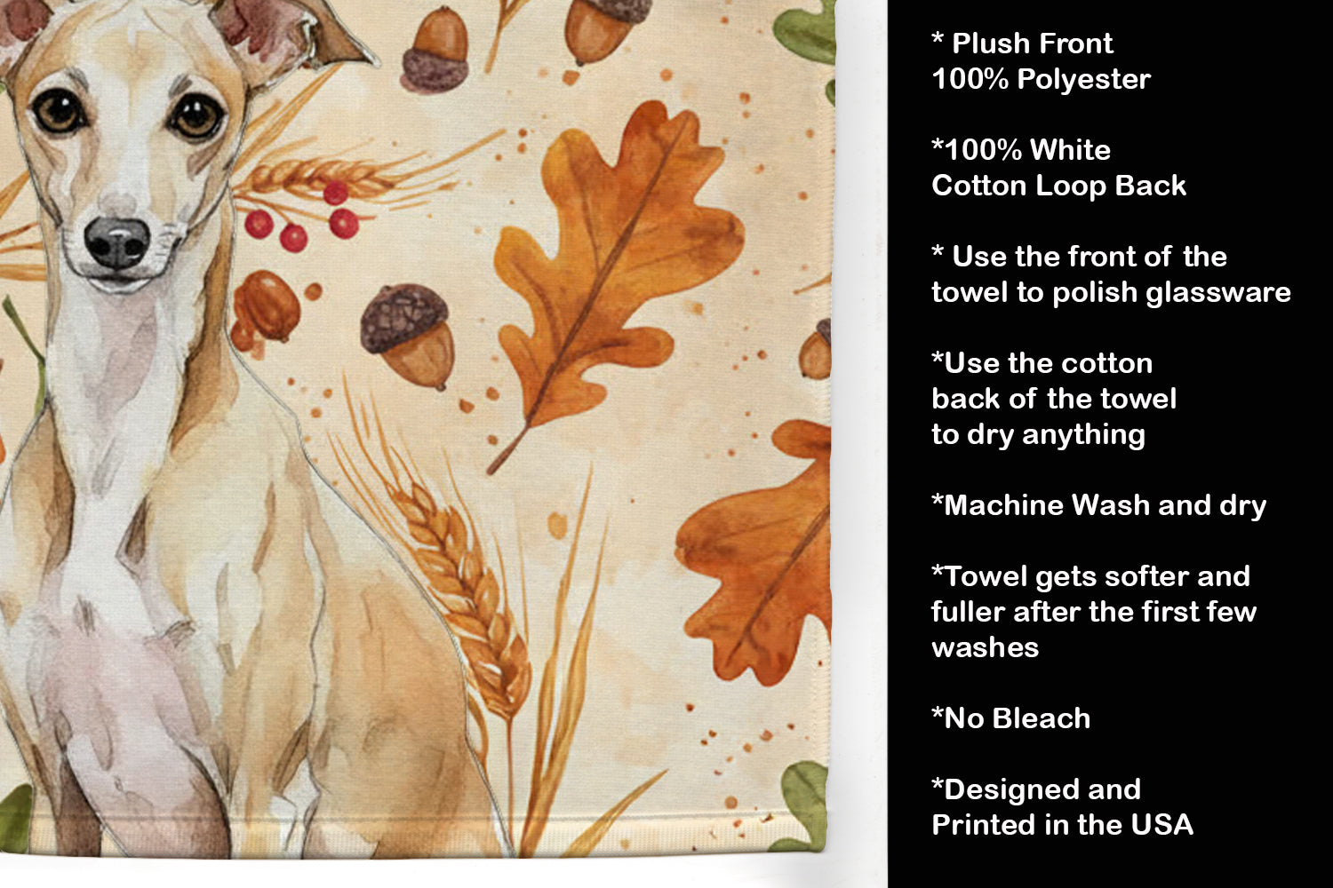 Fawn Italian Greyhound Heirloom Fall Kitchen Towel Velour Plush Front and Cotton Loop Back Machine Washable