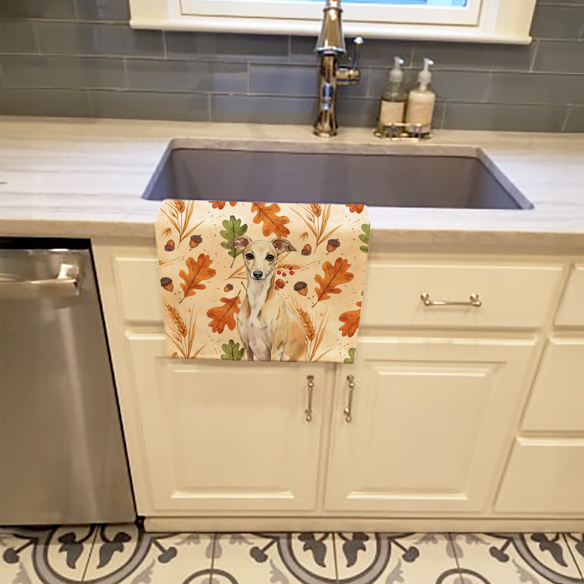 Fawn Italian Greyhound Heirloom Fall Kitchen Towel Velour Plush Front and Cotton Loop Back Machine Washable