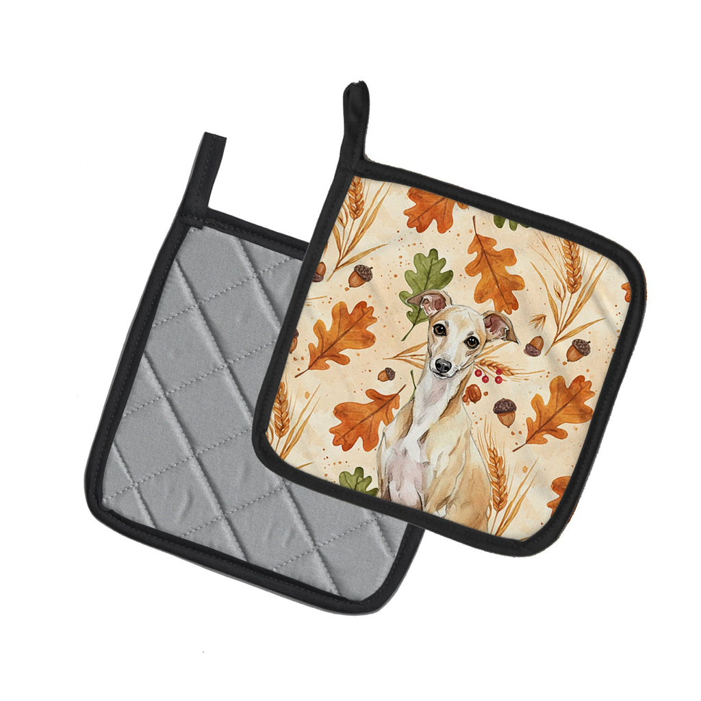 Fawn Italian Greyhound Heirloom Fall Pot Holder Set of 2 Heat Resistant Quilted Hot Pads 7.5 x 7.5 Inch, Insulated Kitchen Trivets for Cooking & Baking