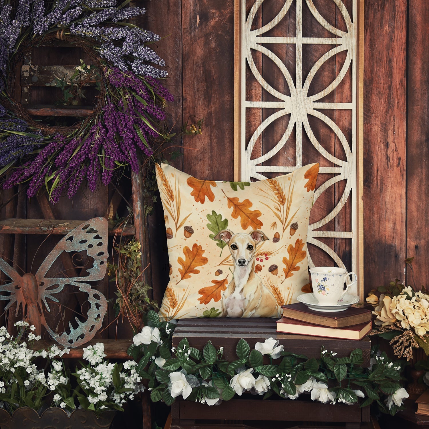 Fawn Italian Greyhound Heirloom Fall Decorative Throw Pillow 14x14 Indoor Outdoor Accent Cushion, Fabric Cover with Insert for Sofa, Bed, Porch & Living Room
