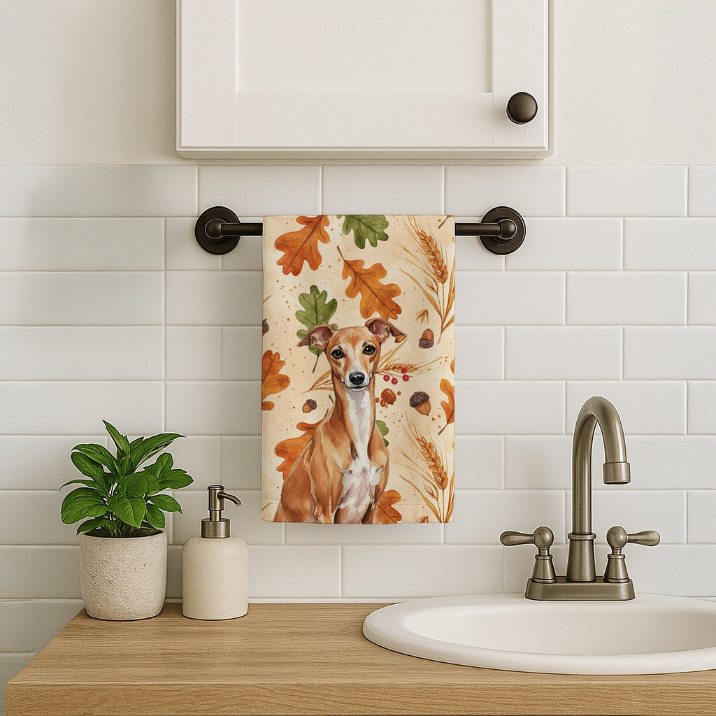 Red Italian Greyhound Heirloom Fall Kitchen Towel Velour Plush Front and Cotton Loop Back Machine Washable