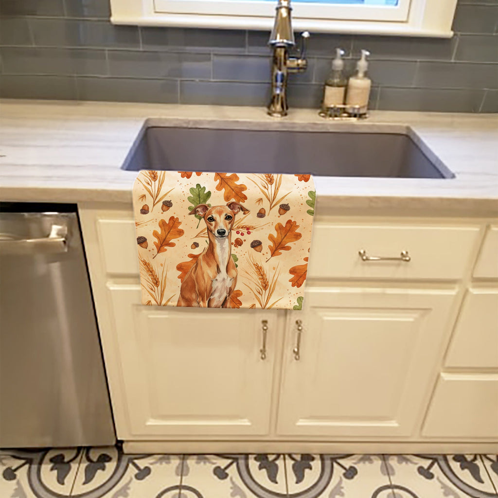 Red Italian Greyhound Heirloom Fall Kitchen Towel Velour Plush Front and Cotton Loop Back Machine Washable