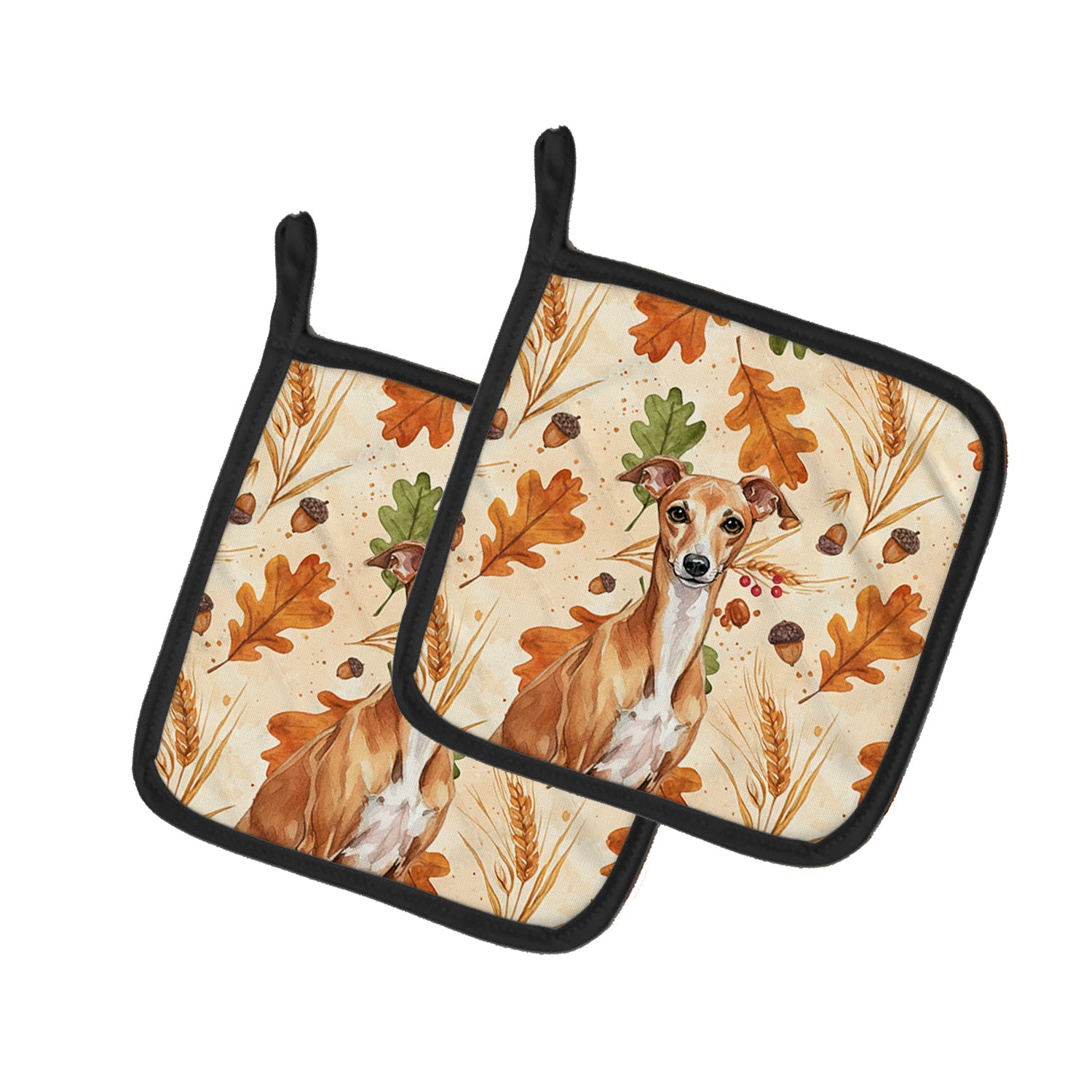 Red Italian Greyhound Heirloom Fall Pot Holder Set of 2 Heat Resistant Quilted Hot Pads 7.5 x 7.5 Inch, Insulated Kitchen Trivets for Cooking & Baking