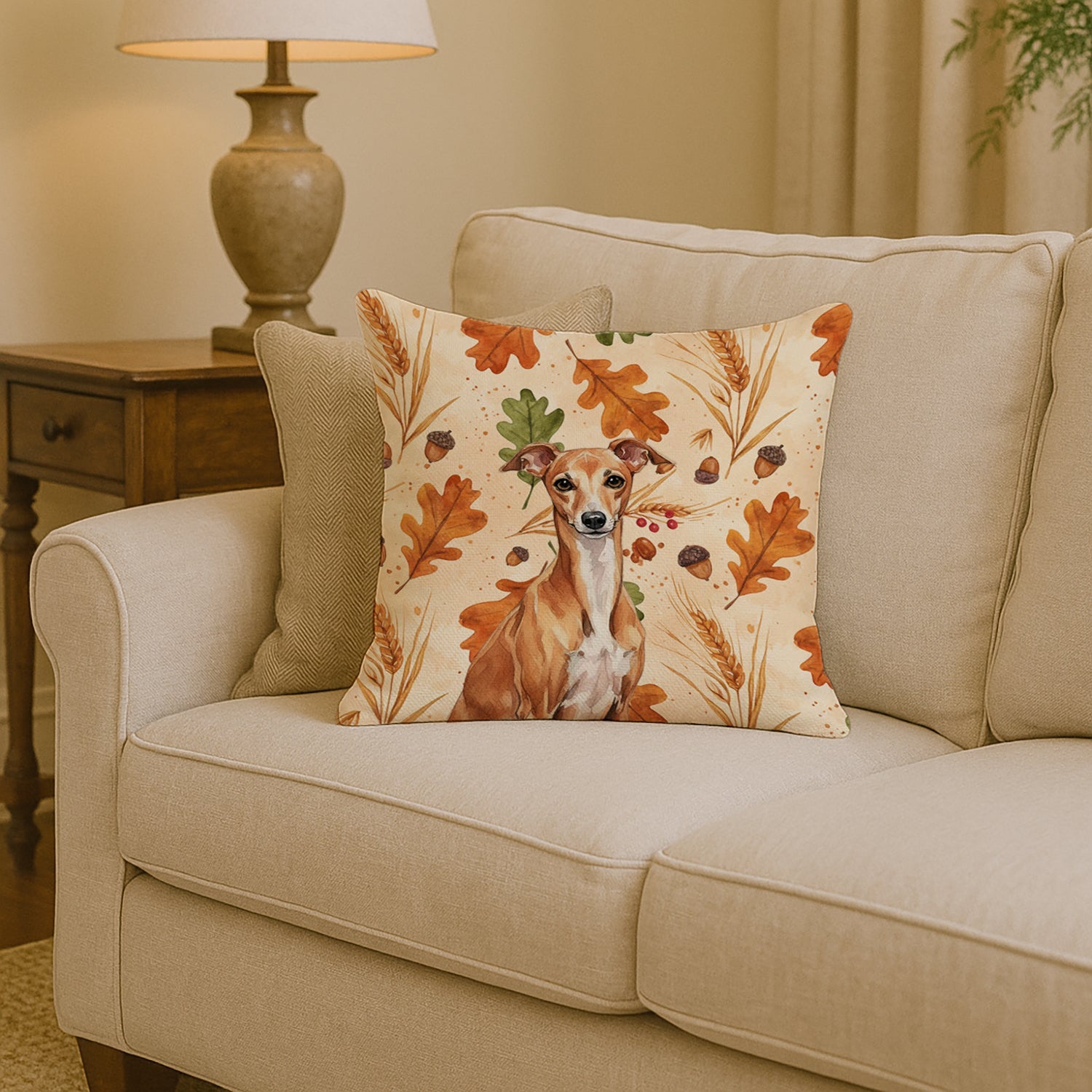 Red Italian Greyhound Heirloom Fall Decorative Throw Pillow 14x14 Indoor Outdoor Accent Cushion, Fabric Cover with Insert for Sofa, Bed, Porch & Living Room