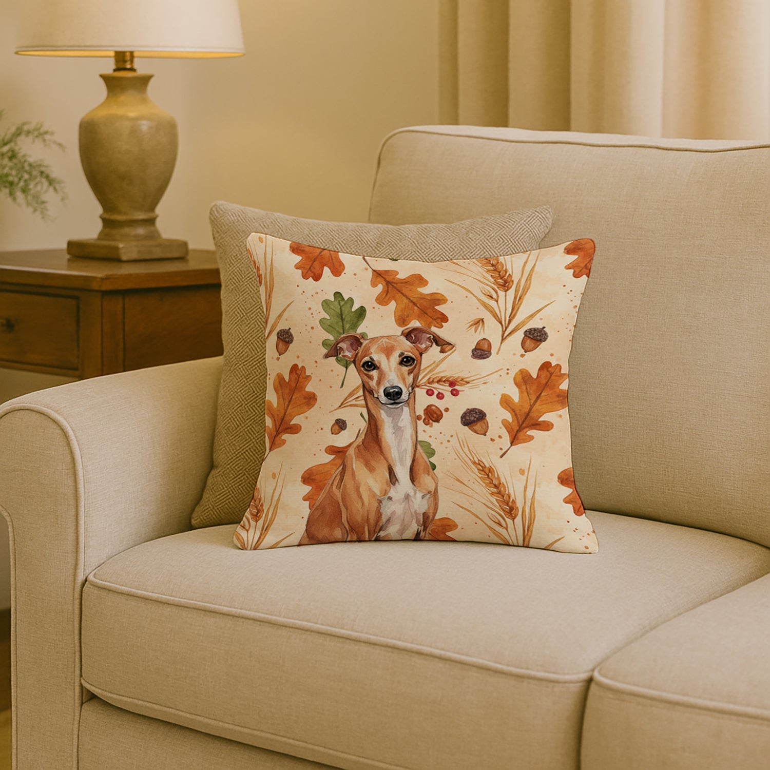 Red Italian Greyhound Heirloom Fall Decorative Throw Pillow 18x18 Indoor Outdoor Accent Cushion, Fabric Cover with Insert for Sofa, Bed, Porch & Living Room