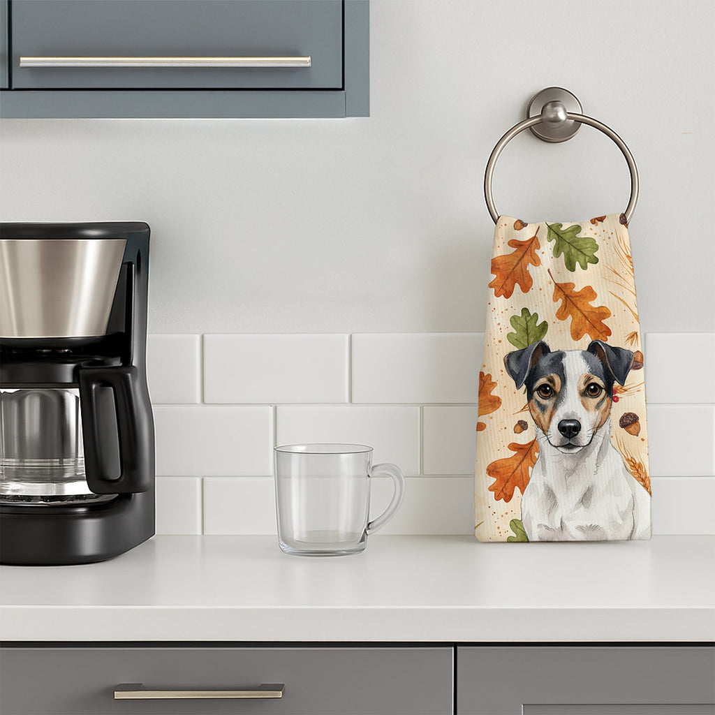 White and Black Jack Russell Terrier Heirloom Fall Kitchen Towel Velour Plush Front and Cotton Loop Back Machine Washable