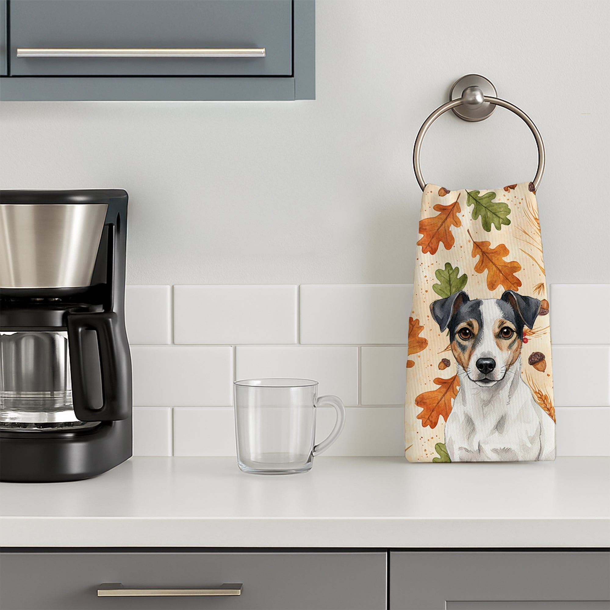 White and Black Jack Russell Terrier Heirloom Fall Kitchen Towel Velour Plush Front and Cotton Loop Back Machine Washable