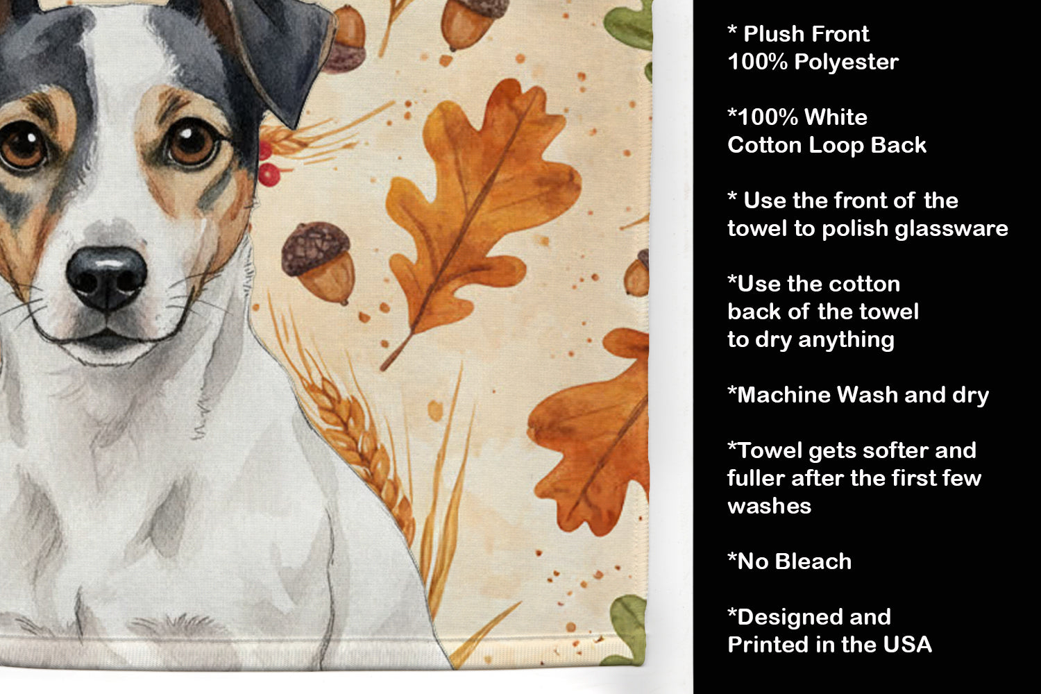 White and Black Jack Russell Terrier Heirloom Fall Kitchen Towel Velour Plush Front and Cotton Loop Back Machine Washable