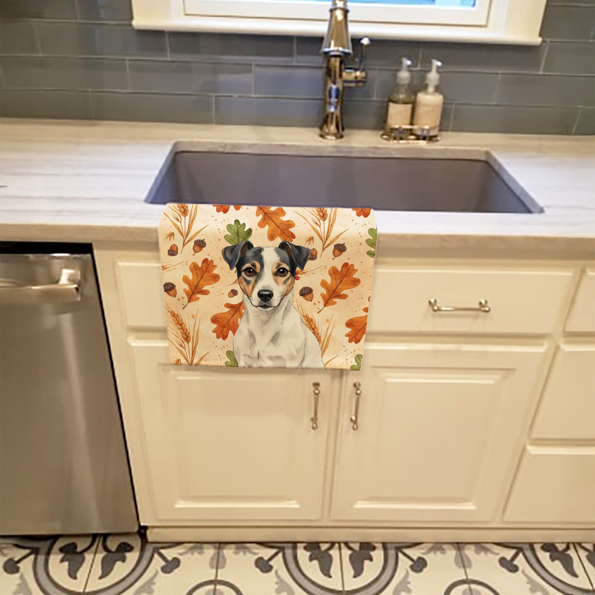 White and Black Jack Russell Terrier Heirloom Fall Kitchen Towel Velour Plush Front and Cotton Loop Back Machine Washable