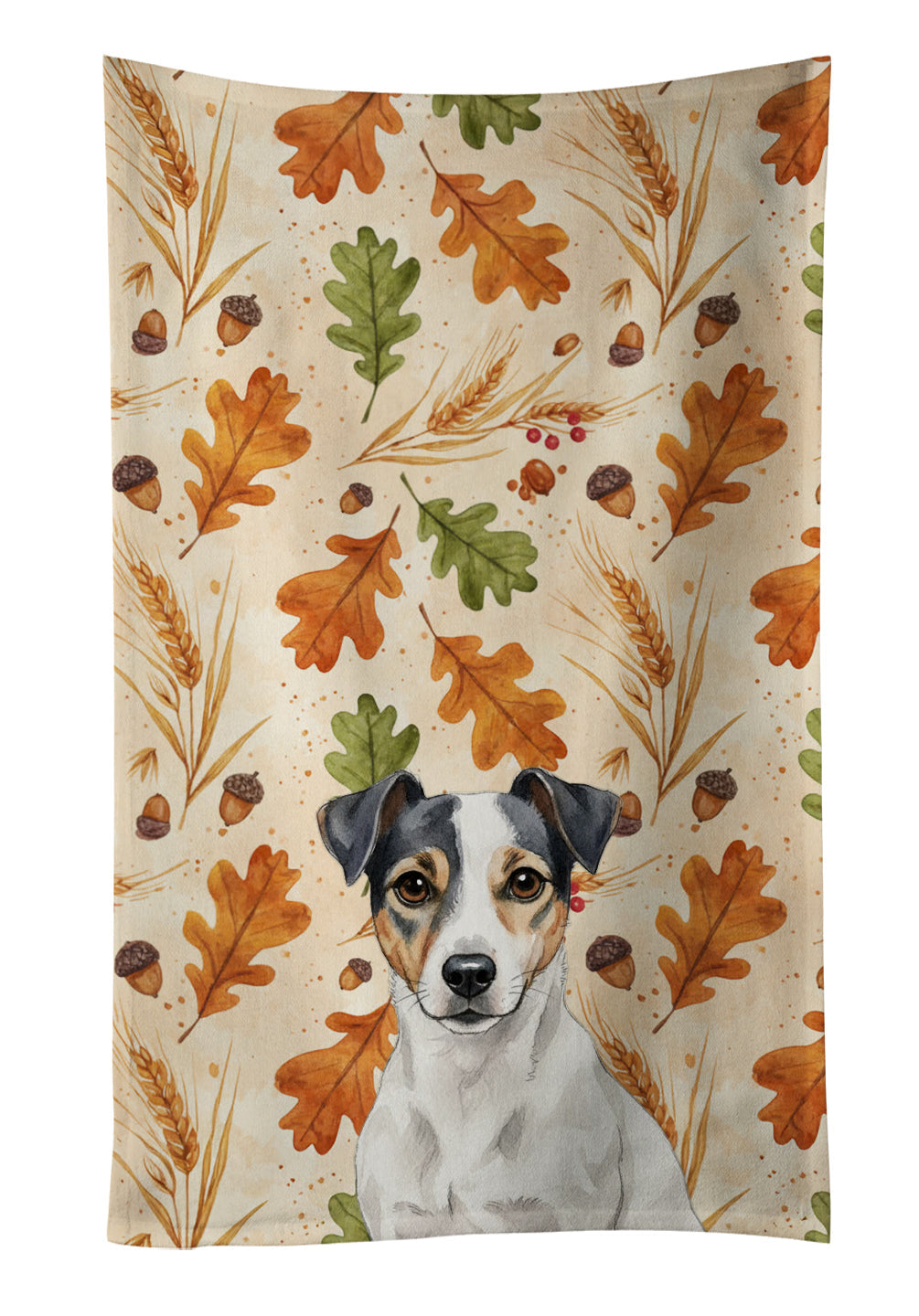 White and Black Jack Russell Terrier Heirloom Fall Kitchen Towel Velour Plush Front and Cotton Loop Back Machine Washable