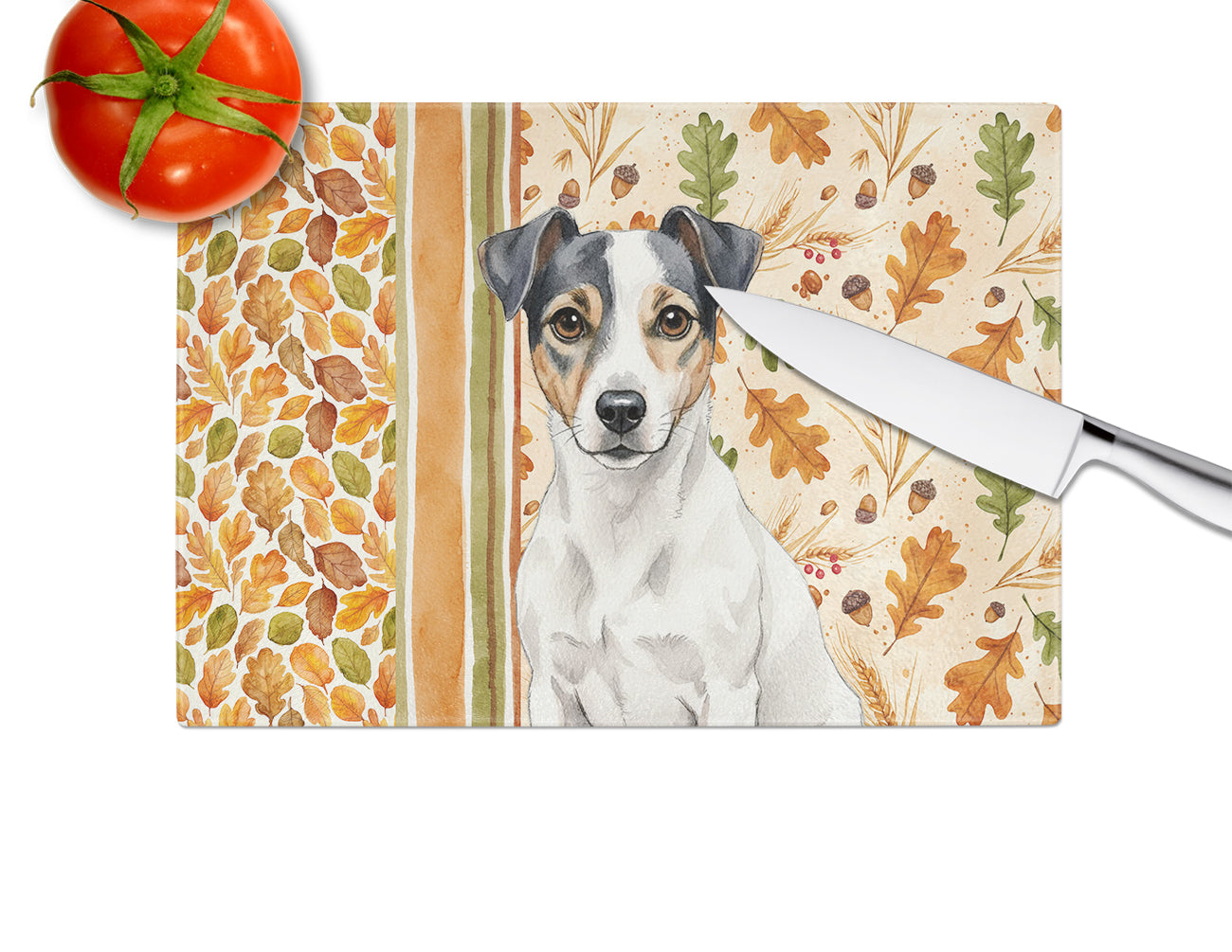 White and Black Jack Russell Terrier Heirloom Fall Cutting Board Tempered Glass Kitchen Cutting Surface, Heat Resistant Chopping, Non-Slip Feet, Food Prep & Serving
