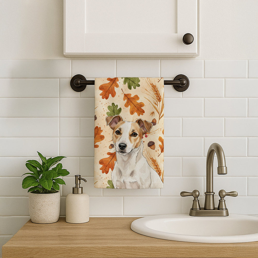 White and Tan Jack Russell Terrier Heirloom Fall Kitchen Towel Velour Plush Front and Cotton Loop Back Machine Washable