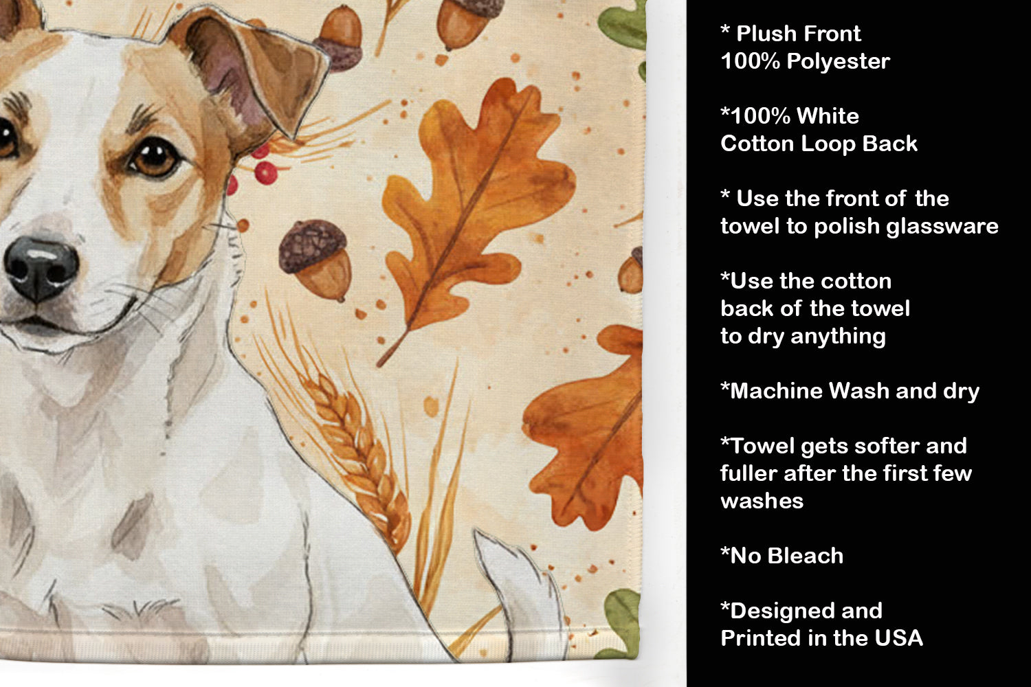 White and Tan Jack Russell Terrier Heirloom Fall Kitchen Towel Velour Plush Front and Cotton Loop Back Machine Washable