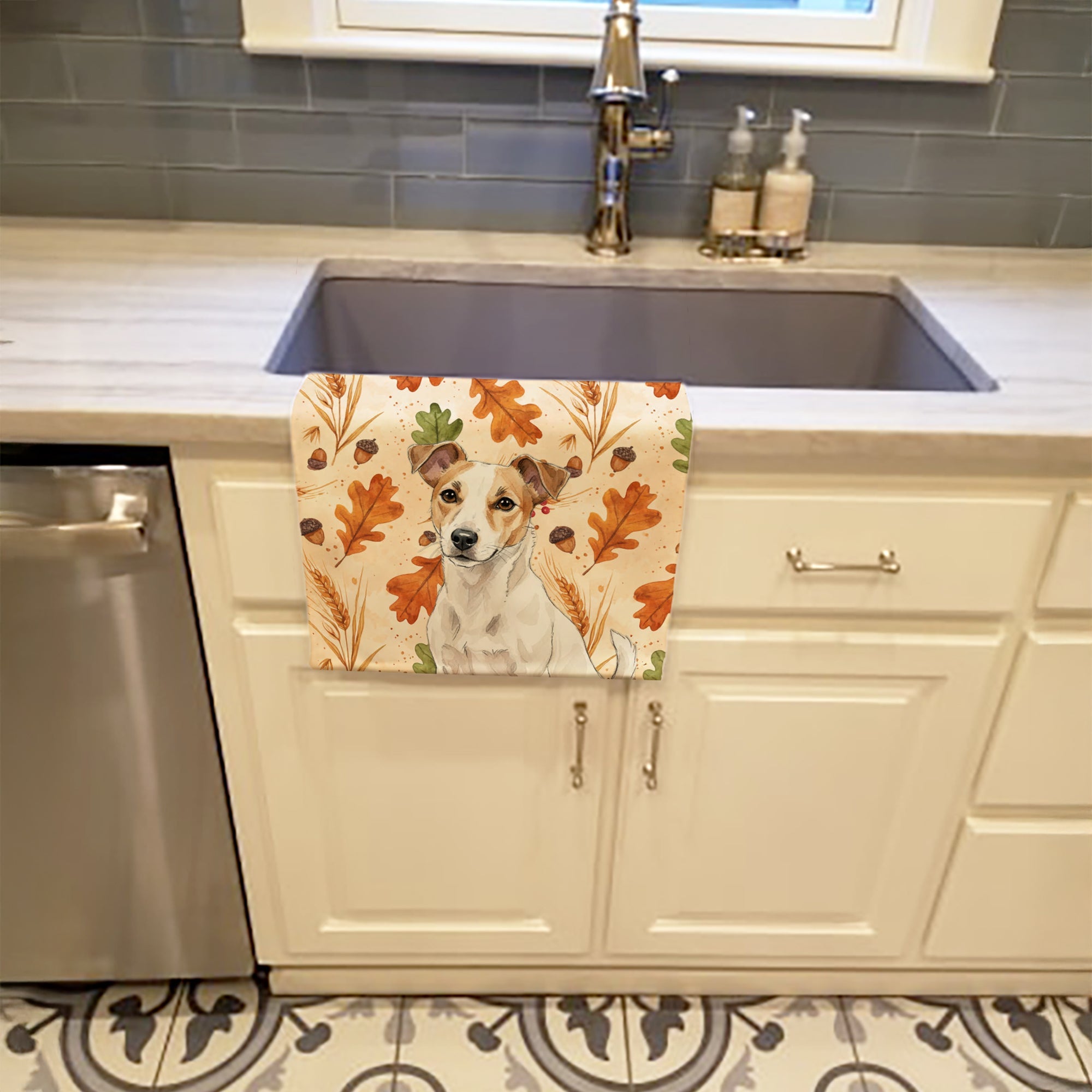 White and Tan Jack Russell Terrier Heirloom Fall Kitchen Towel Velour Plush Front and Cotton Loop Back Machine Washable