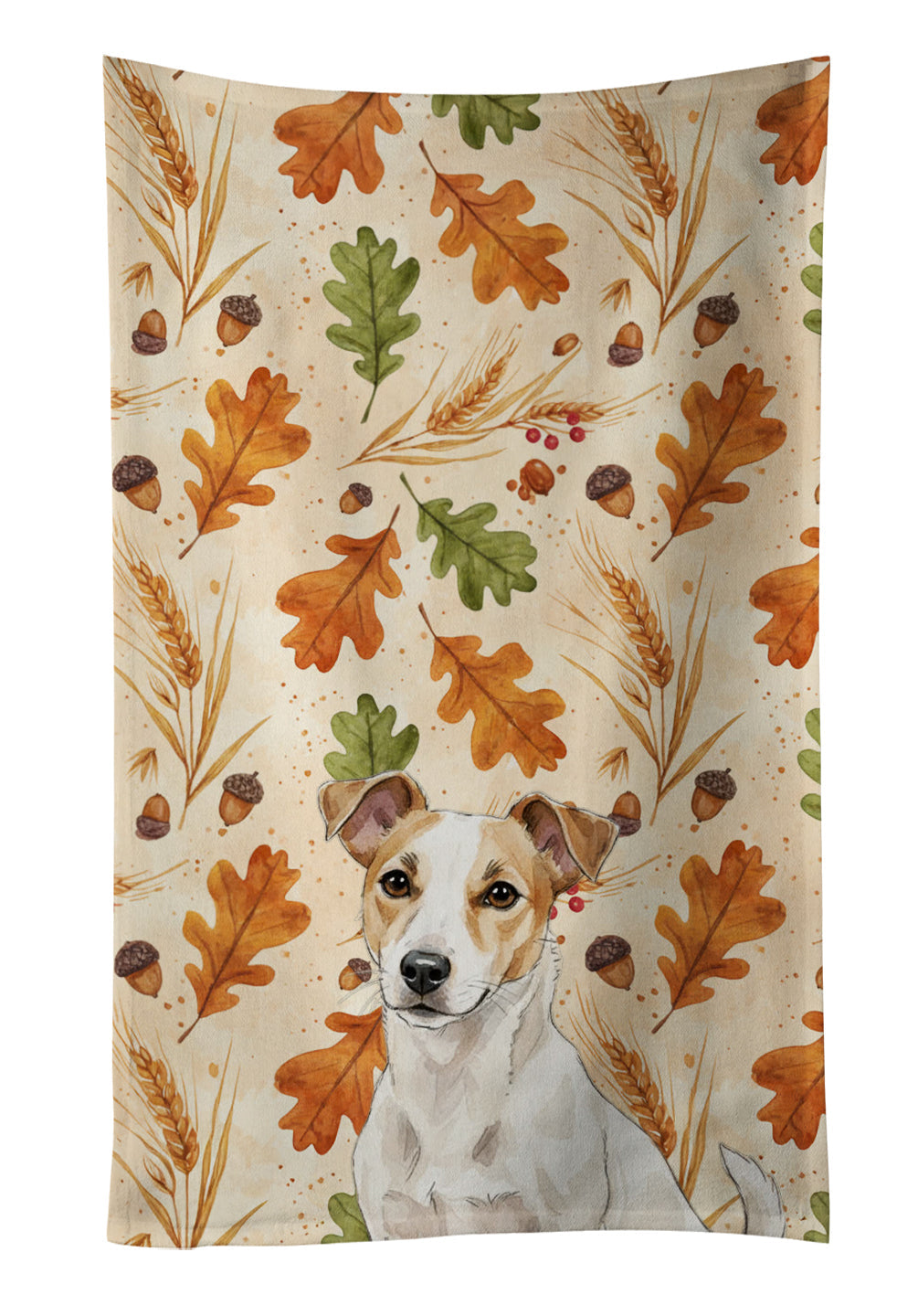 White and Tan Jack Russell Terrier Heirloom Fall Kitchen Towel Velour Plush Front and Cotton Loop Back Machine Washable