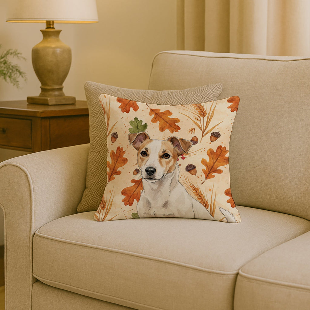 White and Tan Jack Russell Terrier Heirloom Fall Decorative Throw Pillow 18x18 Indoor Outdoor Accent Cushion, Fabric Cover with Insert for Sofa, Bed, Porch & Living Room