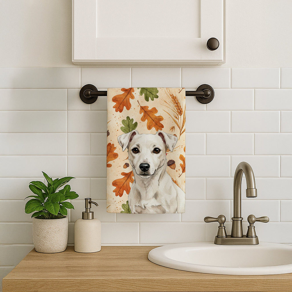 White Jack Russell Terrier Heirloom Fall Kitchen Towel Velour Plush Front and Cotton Loop Back Machine Washable