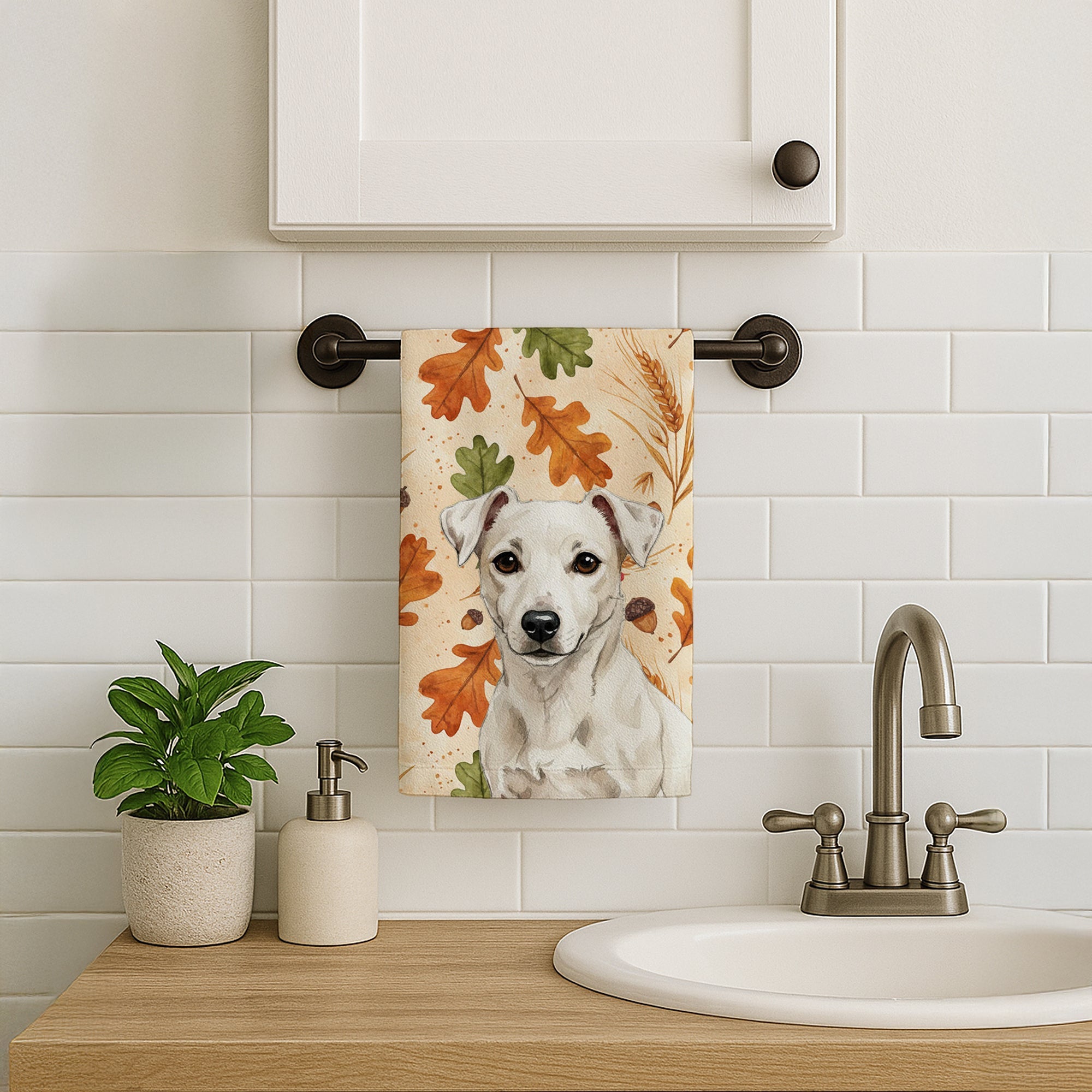 White Jack Russell Terrier Heirloom Fall Kitchen Towel Velour Plush Front and Cotton Loop Back Machine Washable