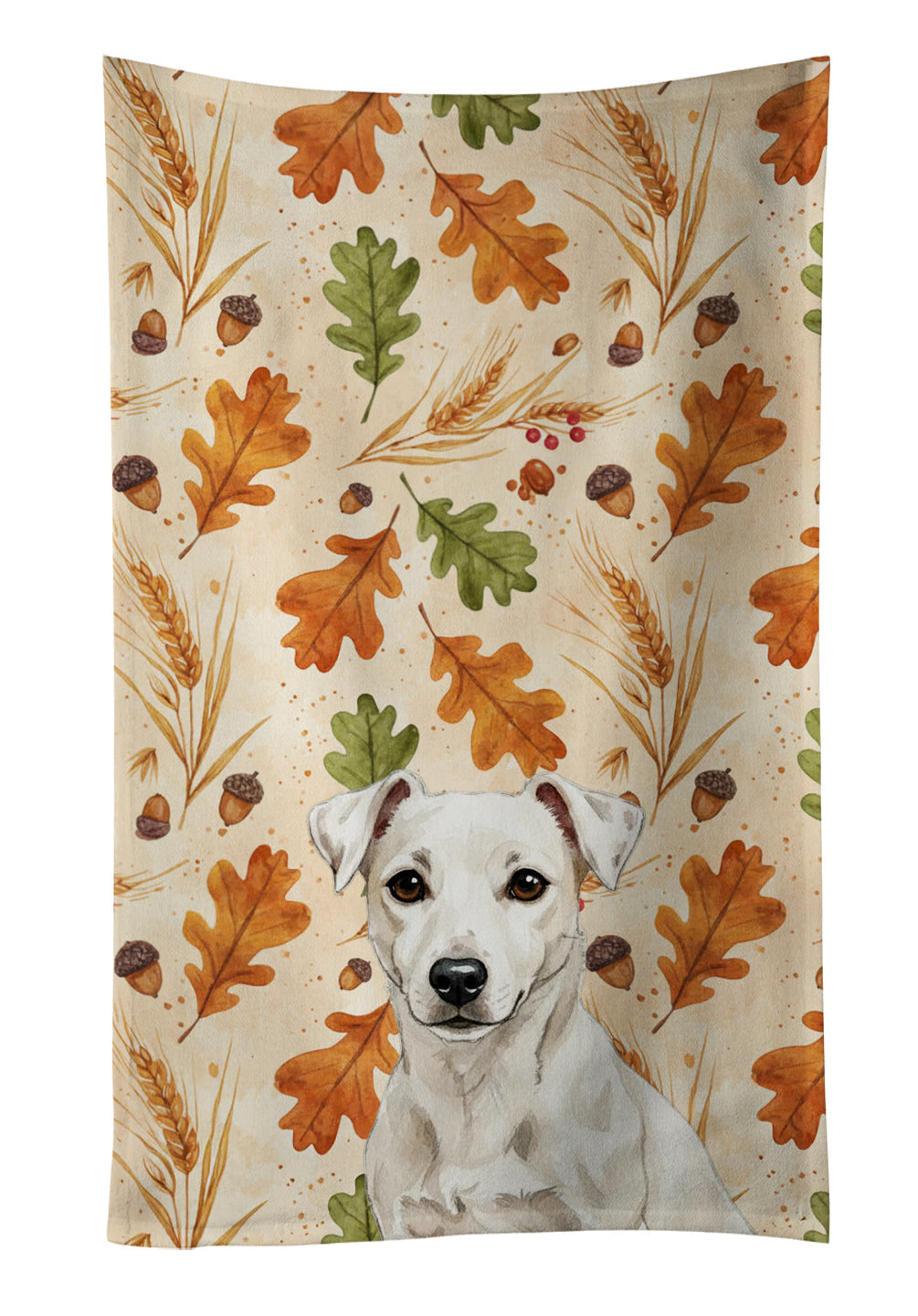 White Jack Russell Terrier Heirloom Fall Kitchen Towel Velour Plush Front and Cotton Loop Back Machine Washable