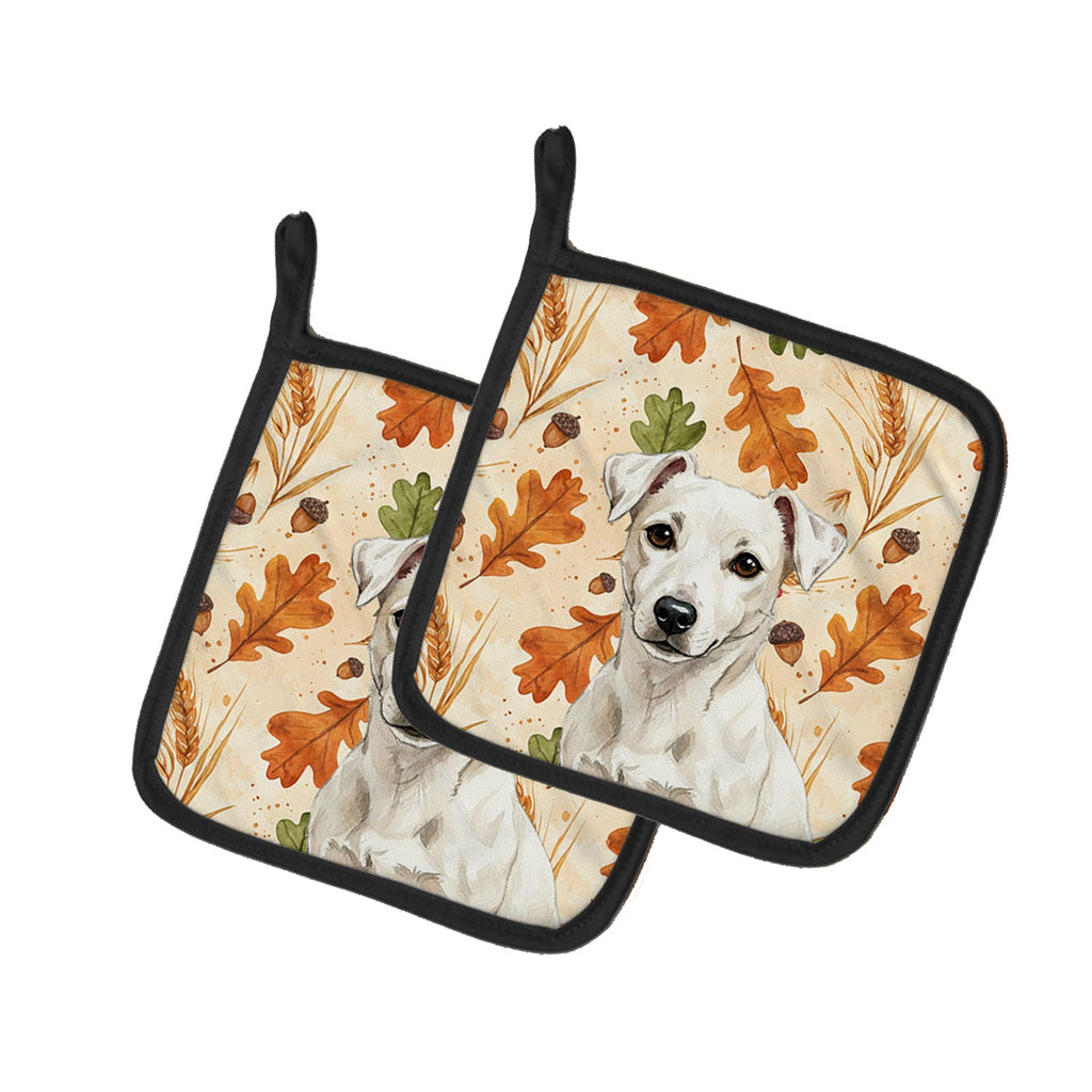 White Jack Russell Terrier Heirloom Fall Pot Holder Set of 2 Heat Resistant Quilted Hot Pads 7.5 x 7.5 Inch, Insulated Kitchen Trivets for Cooking & Baking