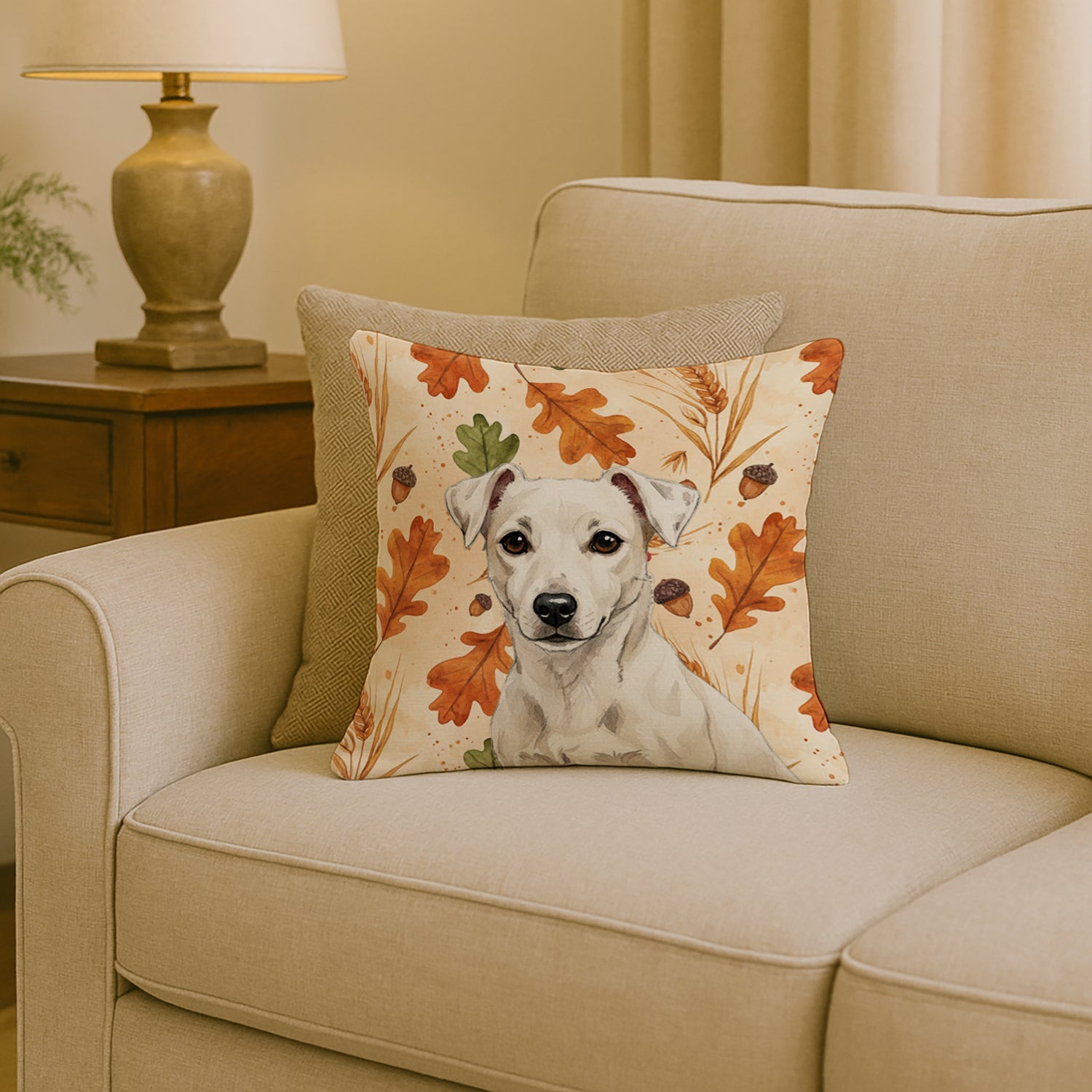 White Jack Russell Terrier Heirloom Fall Decorative Throw Pillow 18x18 Indoor Outdoor Accent Cushion, Fabric Cover with Insert for Sofa, Bed, Porch & Living Room