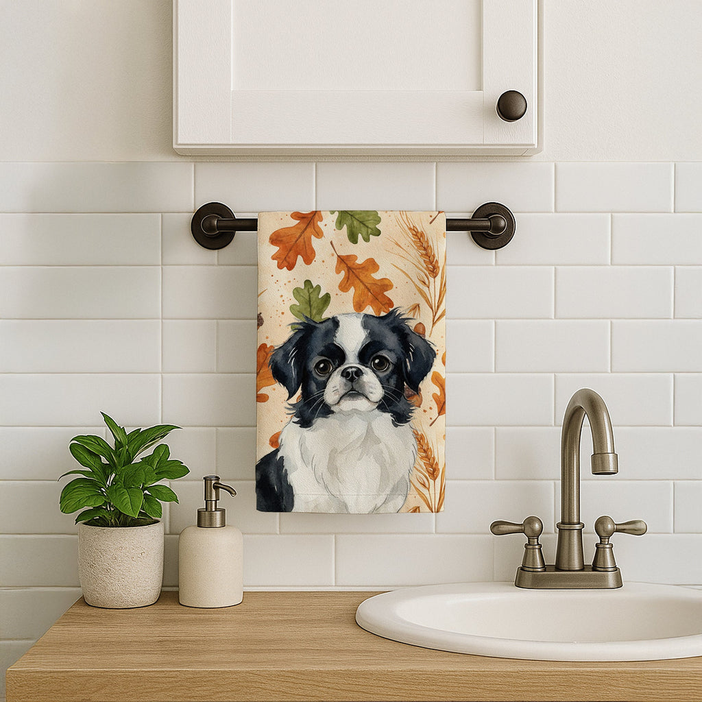 Black and White Japanese Chin Heirloom Fall Kitchen Towel Velour Plush Front and Cotton Loop Back Machine Washable